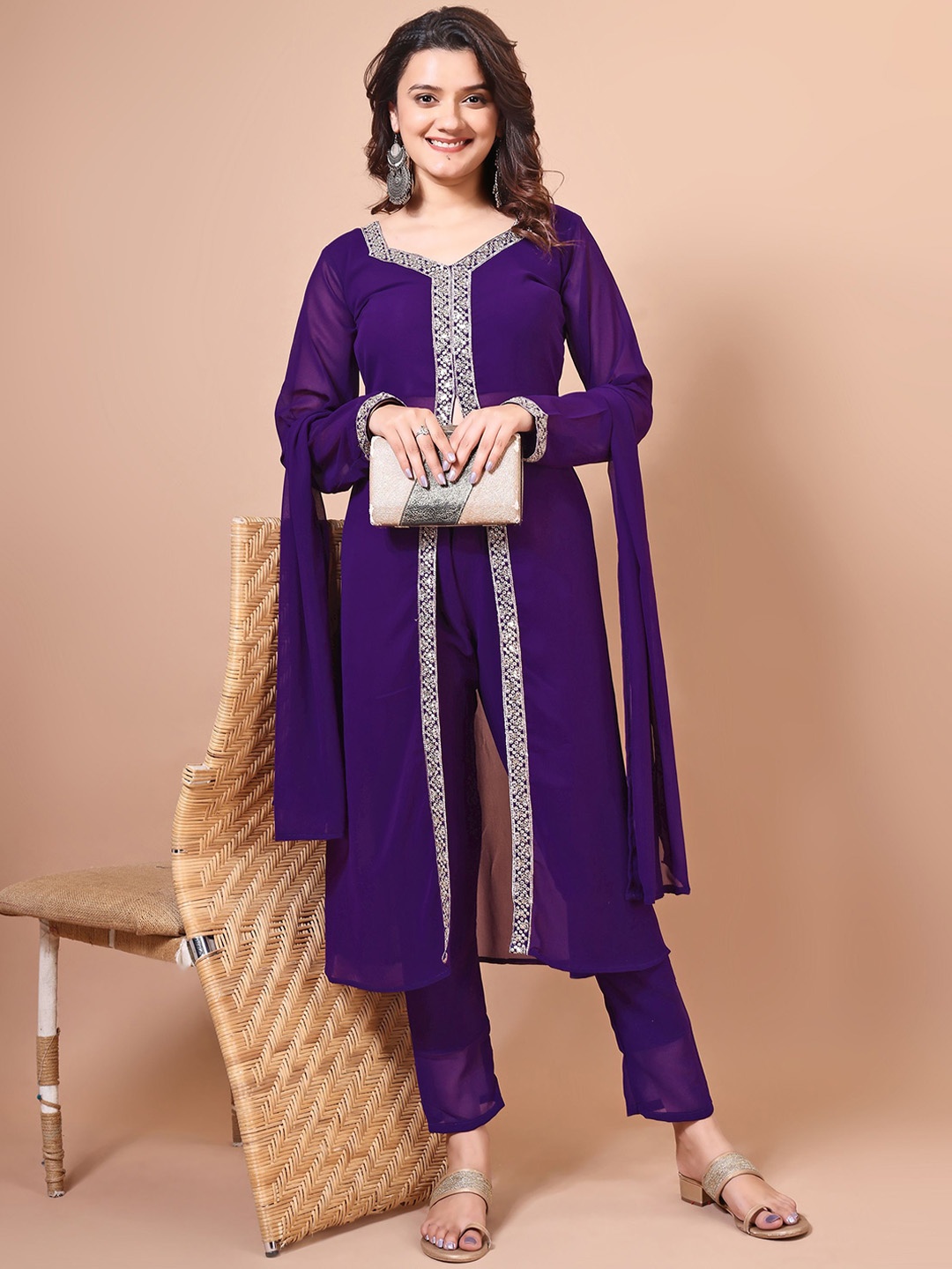 

Sashay Boutique Embroidered High Slit Straight Kurta with Palazzos & With Dupatta, Purple