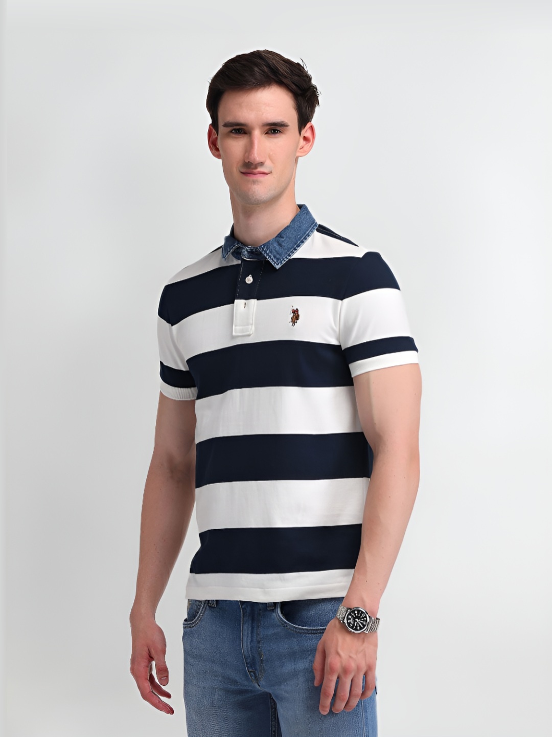 

U.S. Polo Assn. Denim Co. Men Striped Pure Cotton Slim Fit T-shirt, Navy blue