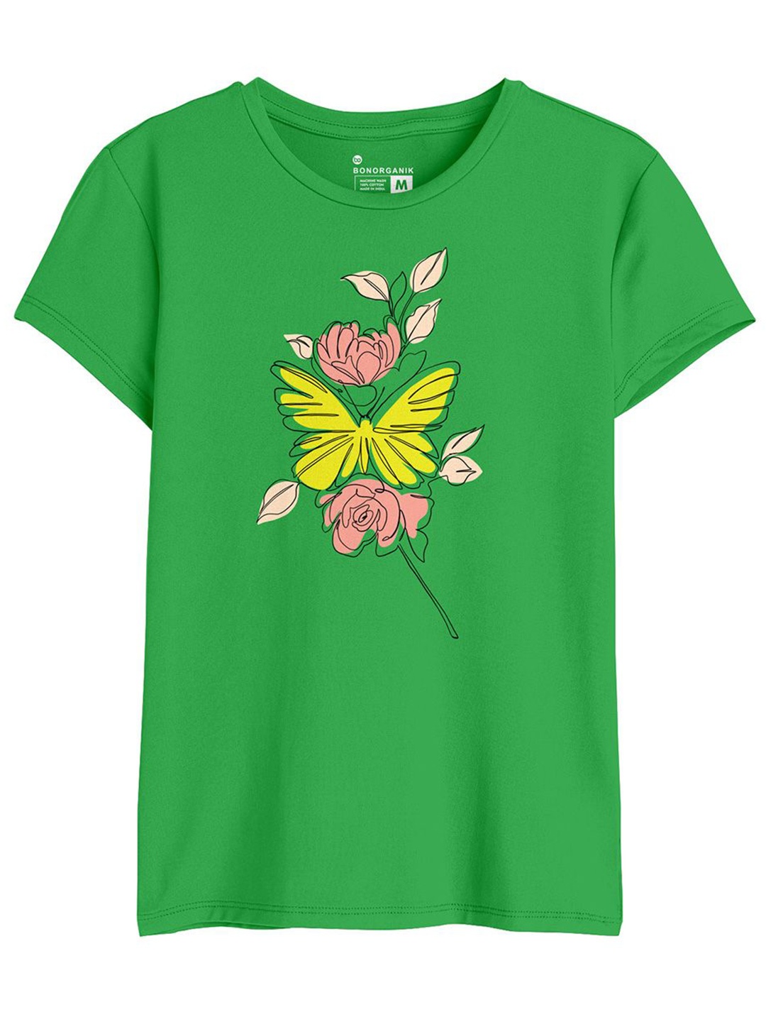 

BonOrganik Women Floral Printed Round Neck Cotton T-shirt, Green