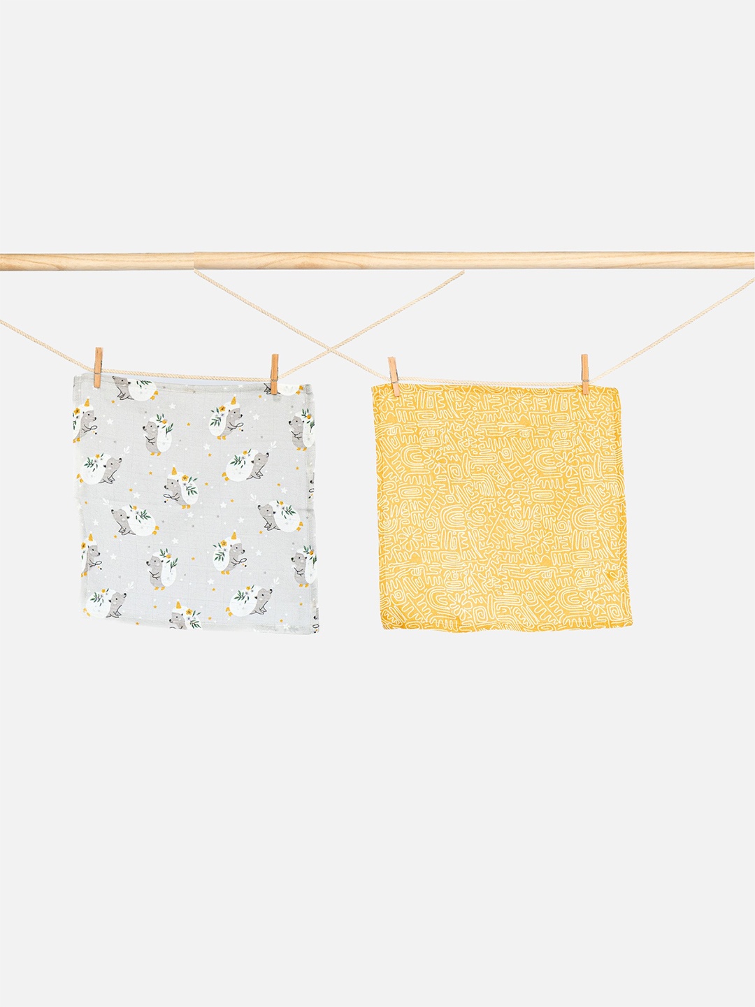 

cocoon care Yellow & Grey 2 Pieces Printed Bamboo Muslin 110 GSM Face Towels