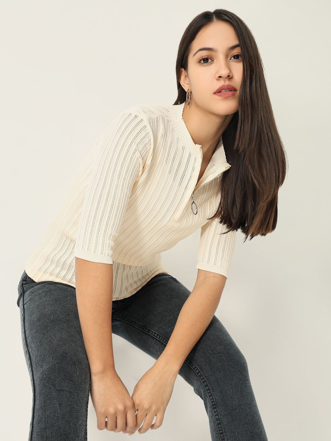 

SHOWOFF Women Self Design High Neck Top, Cream