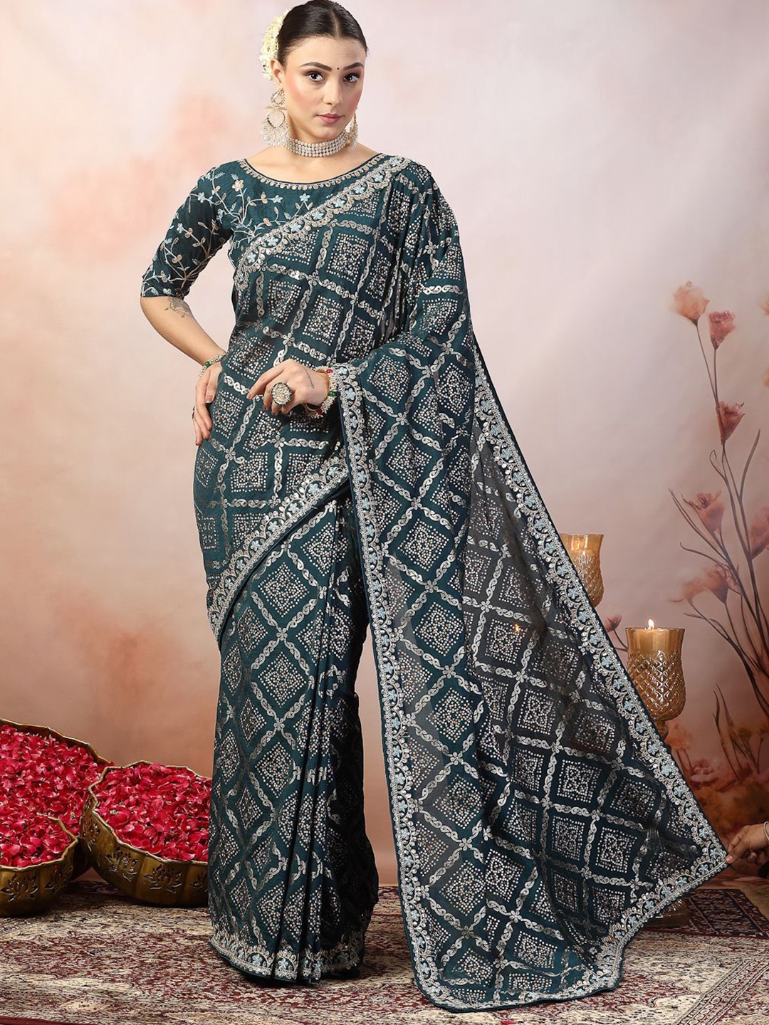 

Stylum Embellished Gotta Patti Bandhani Saree, Teal