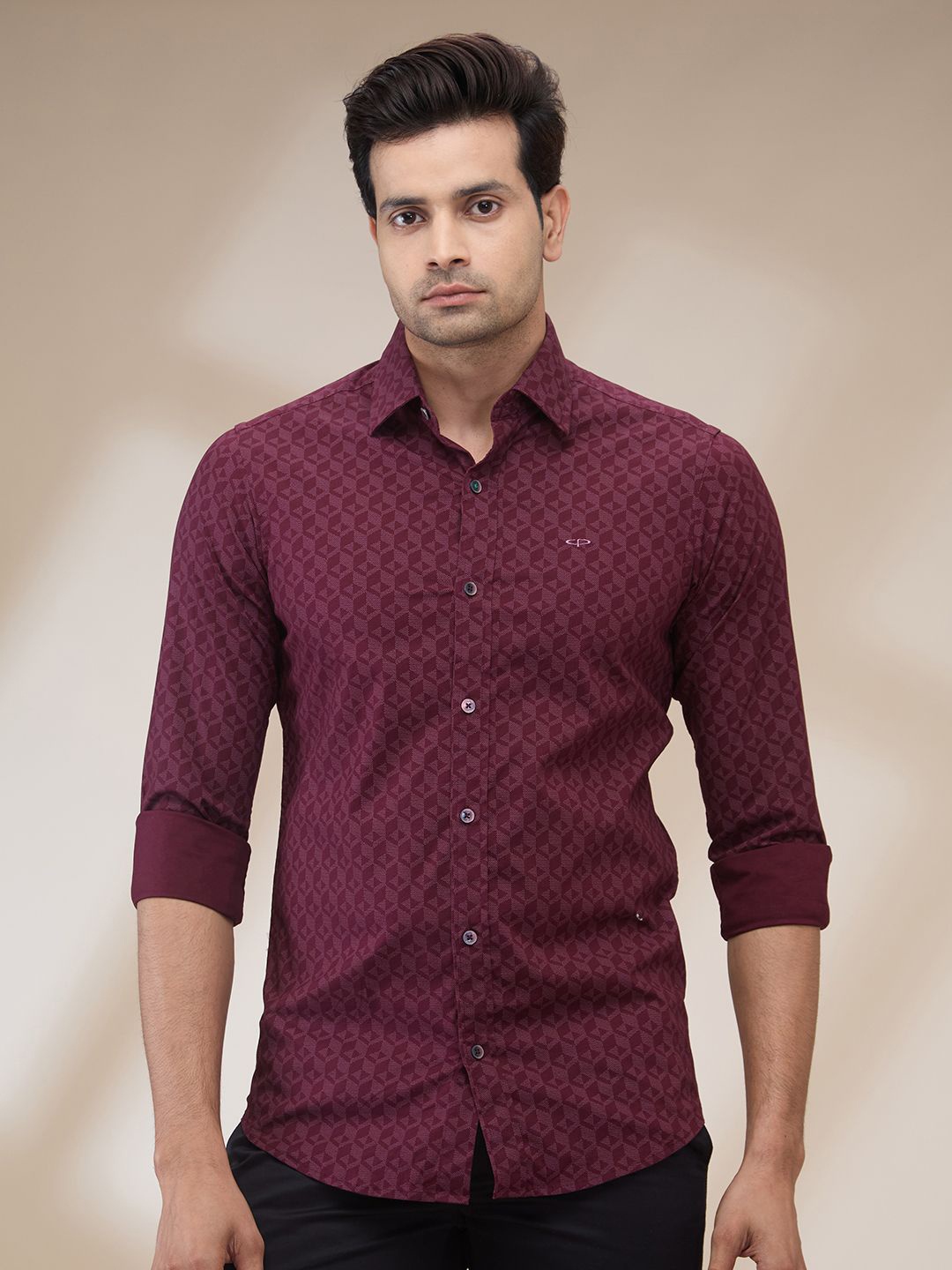 

ColorPlus Men Spread Collar Geometric Printed Cotton Slim Fit Casual Shirt, Maroon