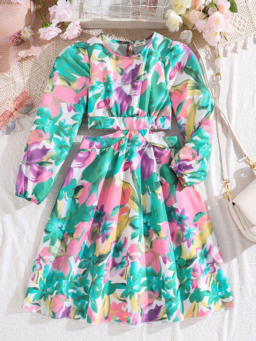 

INCLUD Kids-Girls Floral Print Fit & Flare Maxi Dress With Cut-Outs, Multi