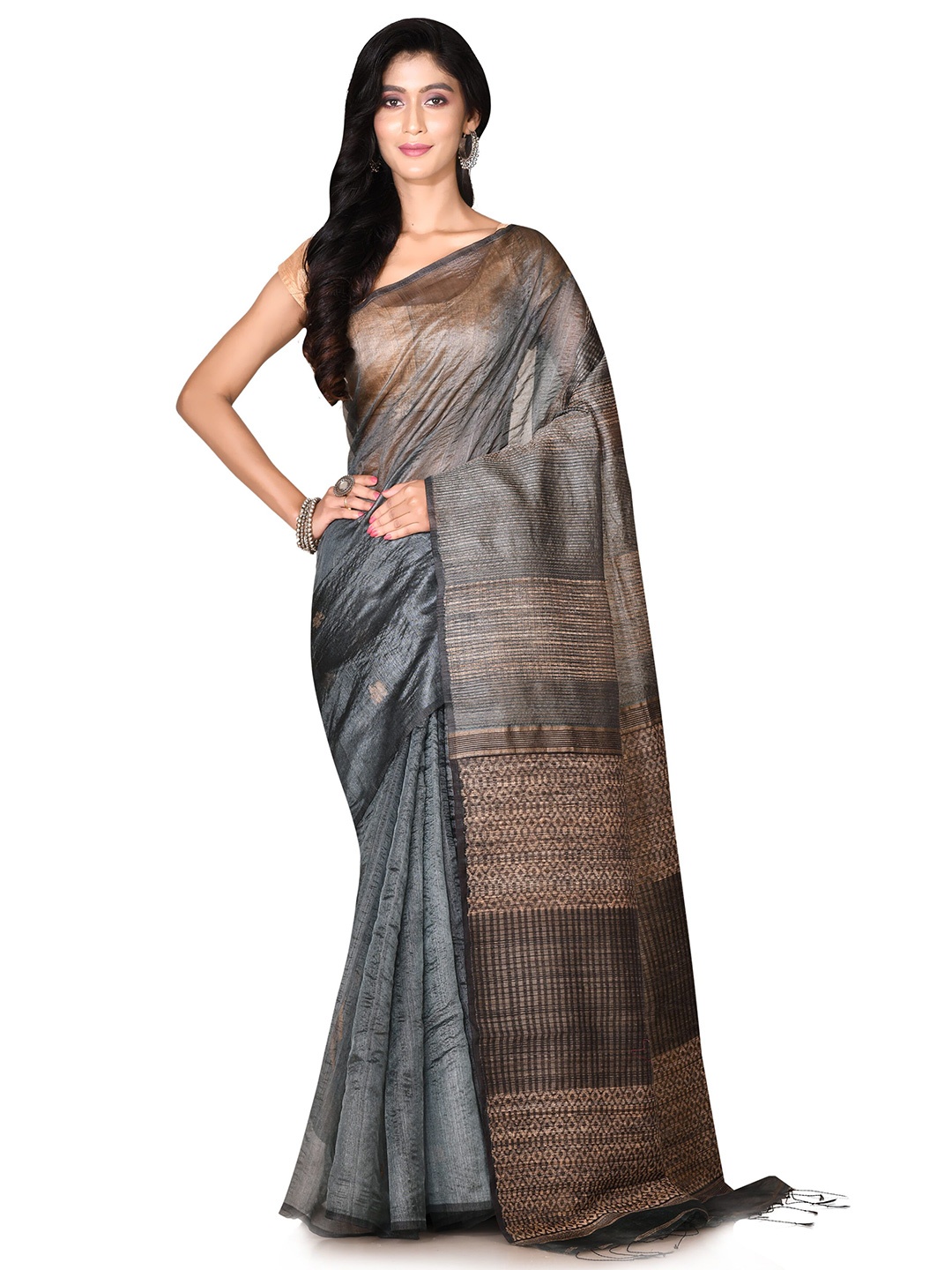

SPRISH Solid Pure Silk Tussar Saree, Grey