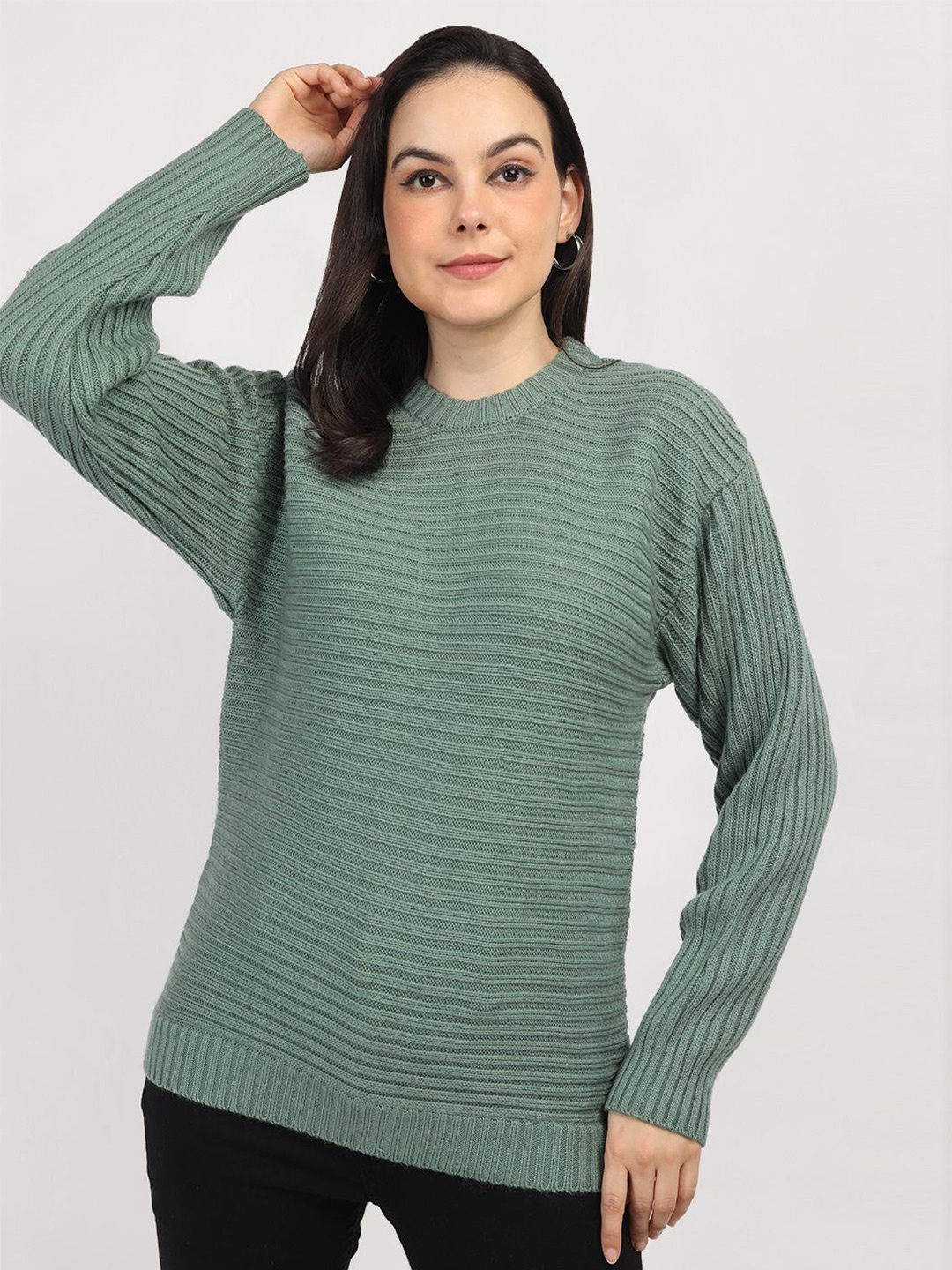 

CHKOKKO Women Self Design Cable Knit Woollen Pullover, Green