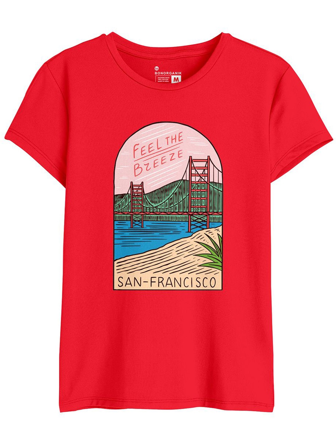 

BonOrganik Women Graphic Printed Round Neck Cotton T-shirt, Red