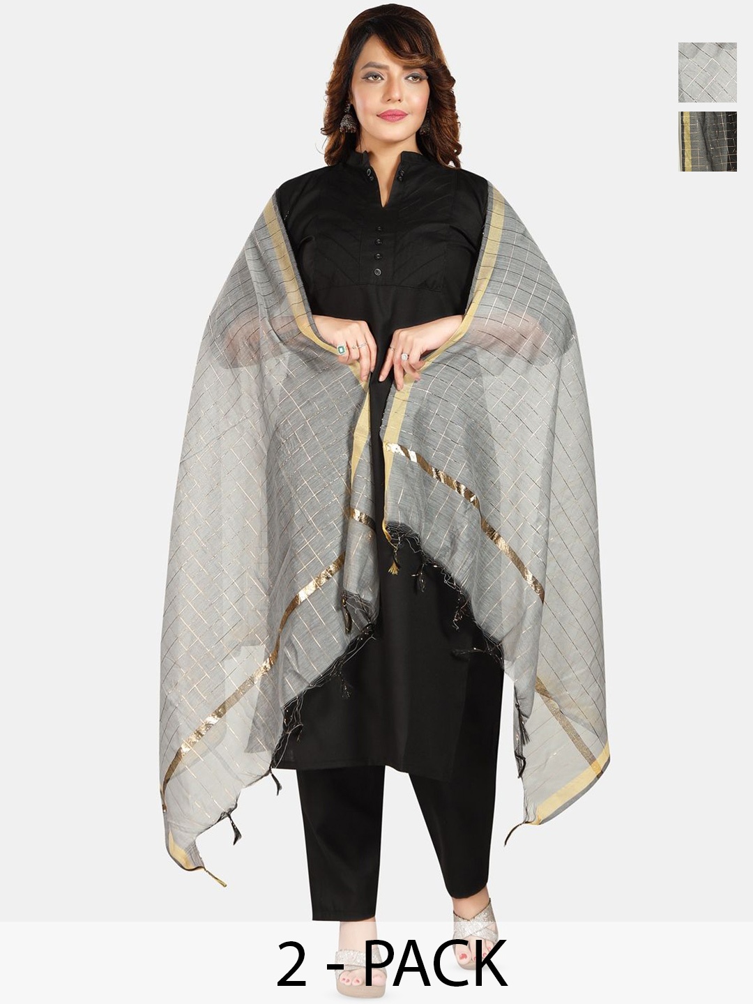 

Fabme Pack Of 2 Checked Zari Dupattas, Grey