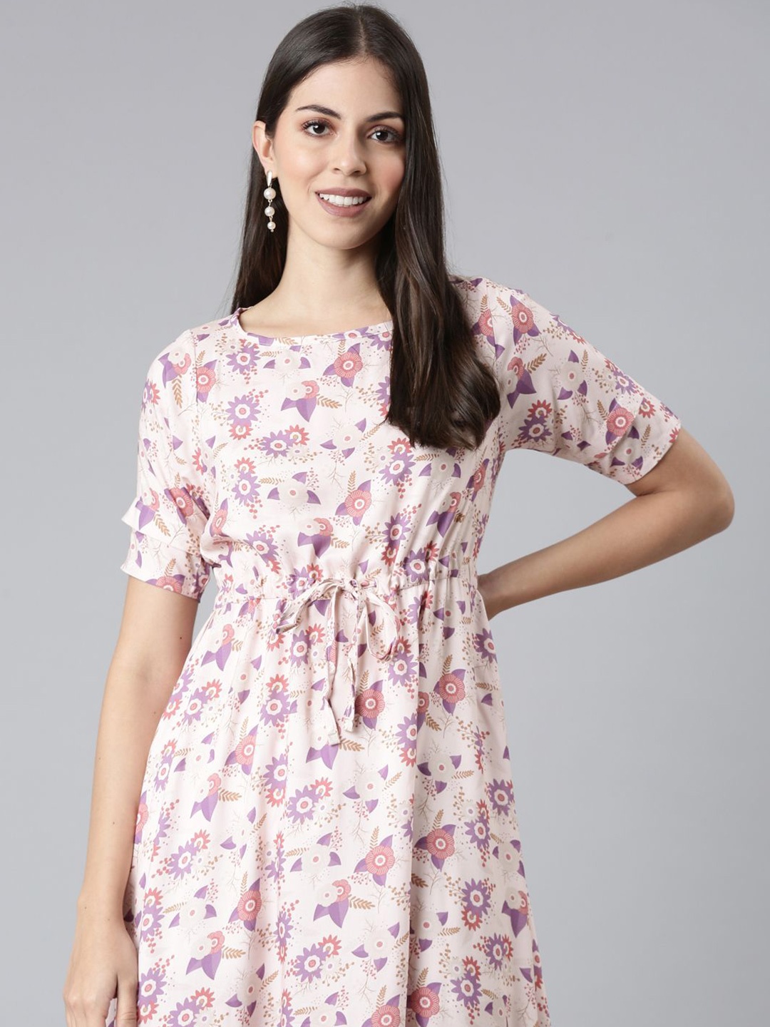 

TWIN BIRDS Women Floral Print Puff Sleeve Fit & Flare Midi Dress, Peach