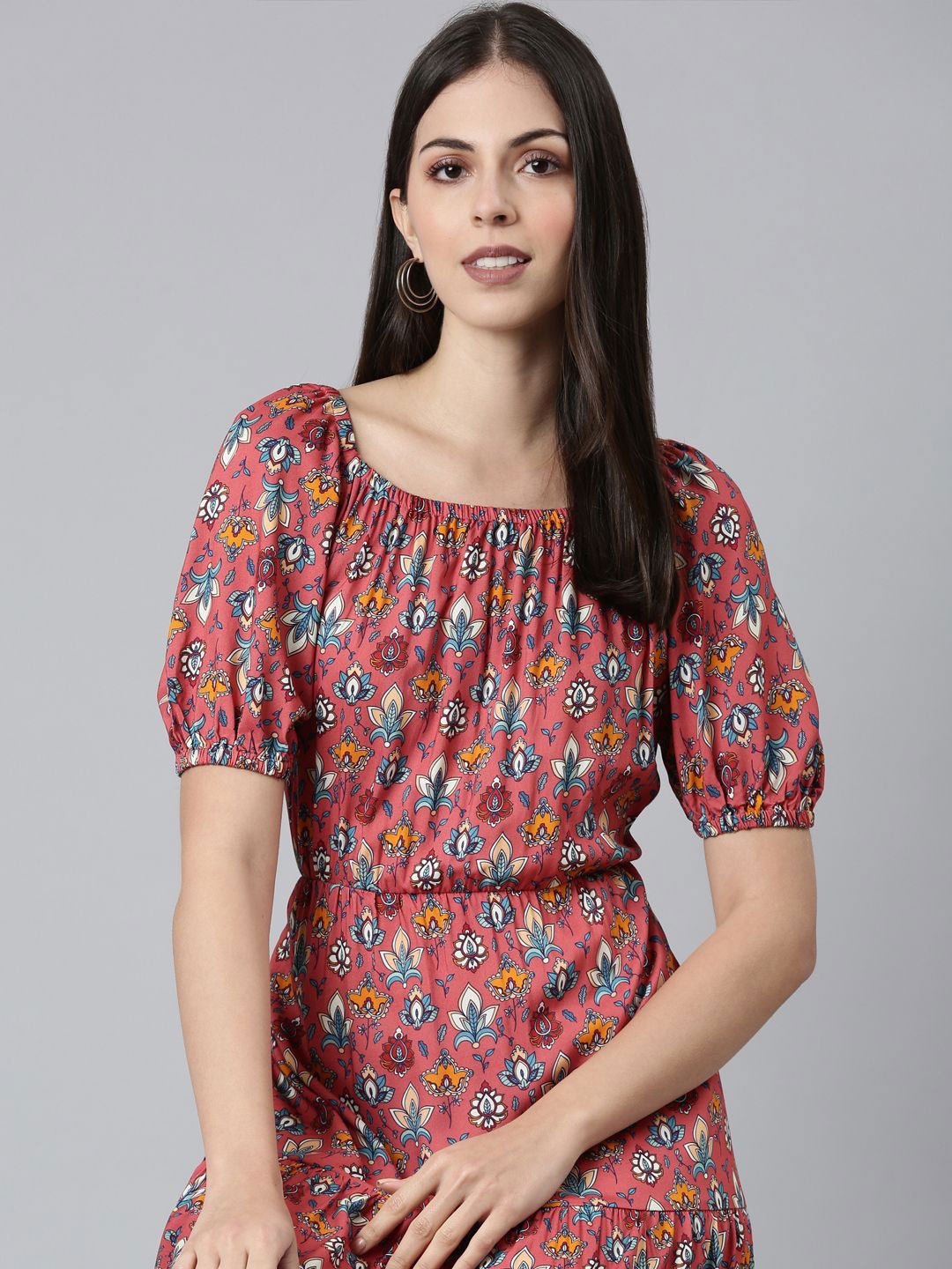 

TWIN BIRDS Floral Printed Puff Sleeve Fit & Flare Midi Dress, Red