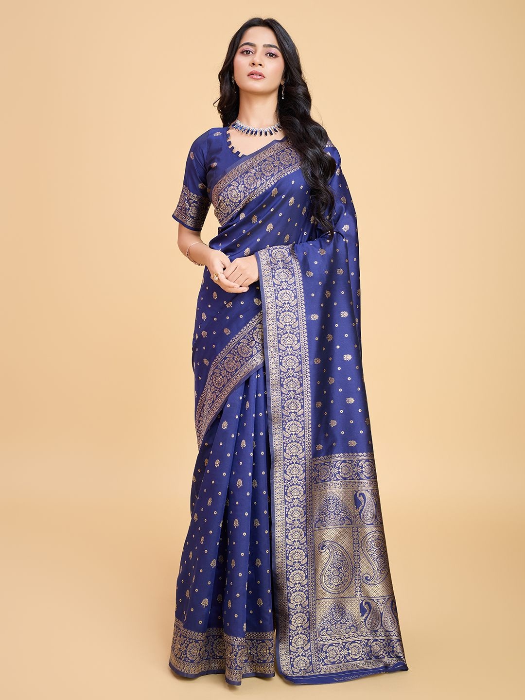 

RICH & ROMAN Ethnic Motifs Woven Design Zari Pure Silk Banarasi Saree, Blue