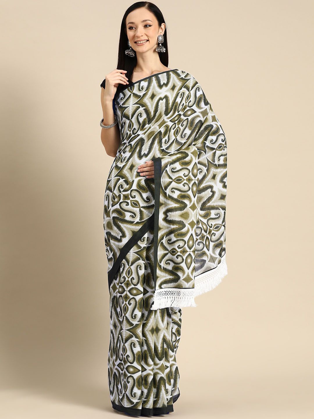 

BUTA BUTI Printed Pure Cotton Saree, Olive