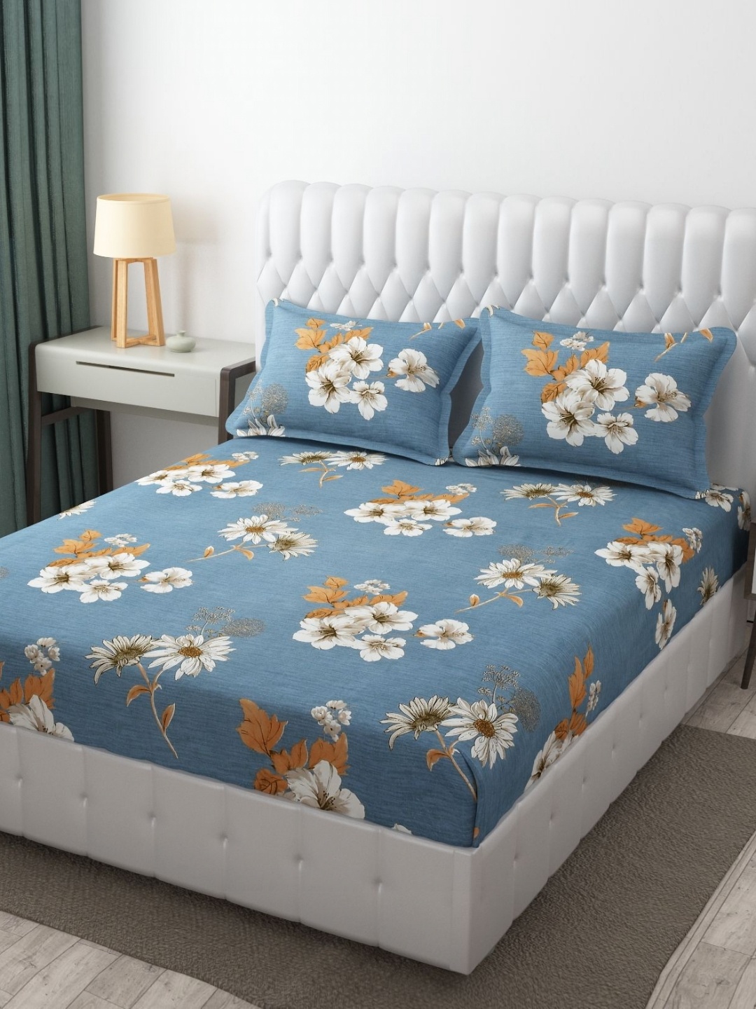 

AaHo Decor Blue & White Floral 300 TC Double King Fitted Bedsheet with 2 Pillow Covers