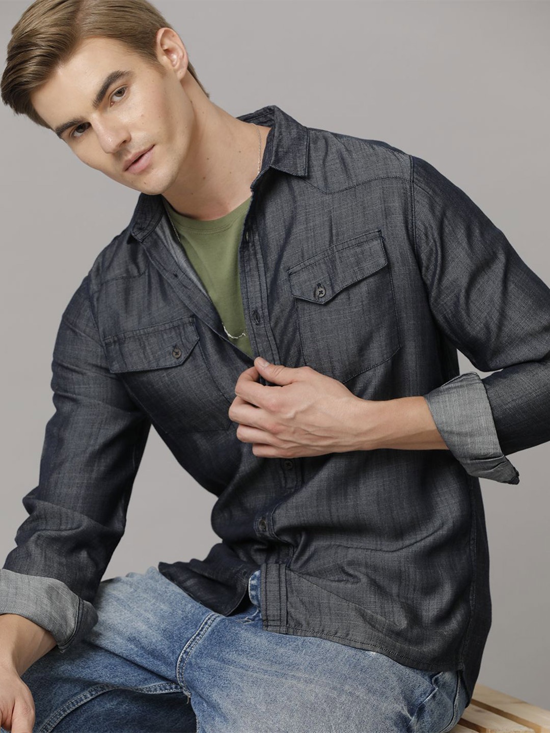 

TEMPLE OF DENIM Men India Slim Spread Collar Solid Denim Casual Shirt, Navy blue