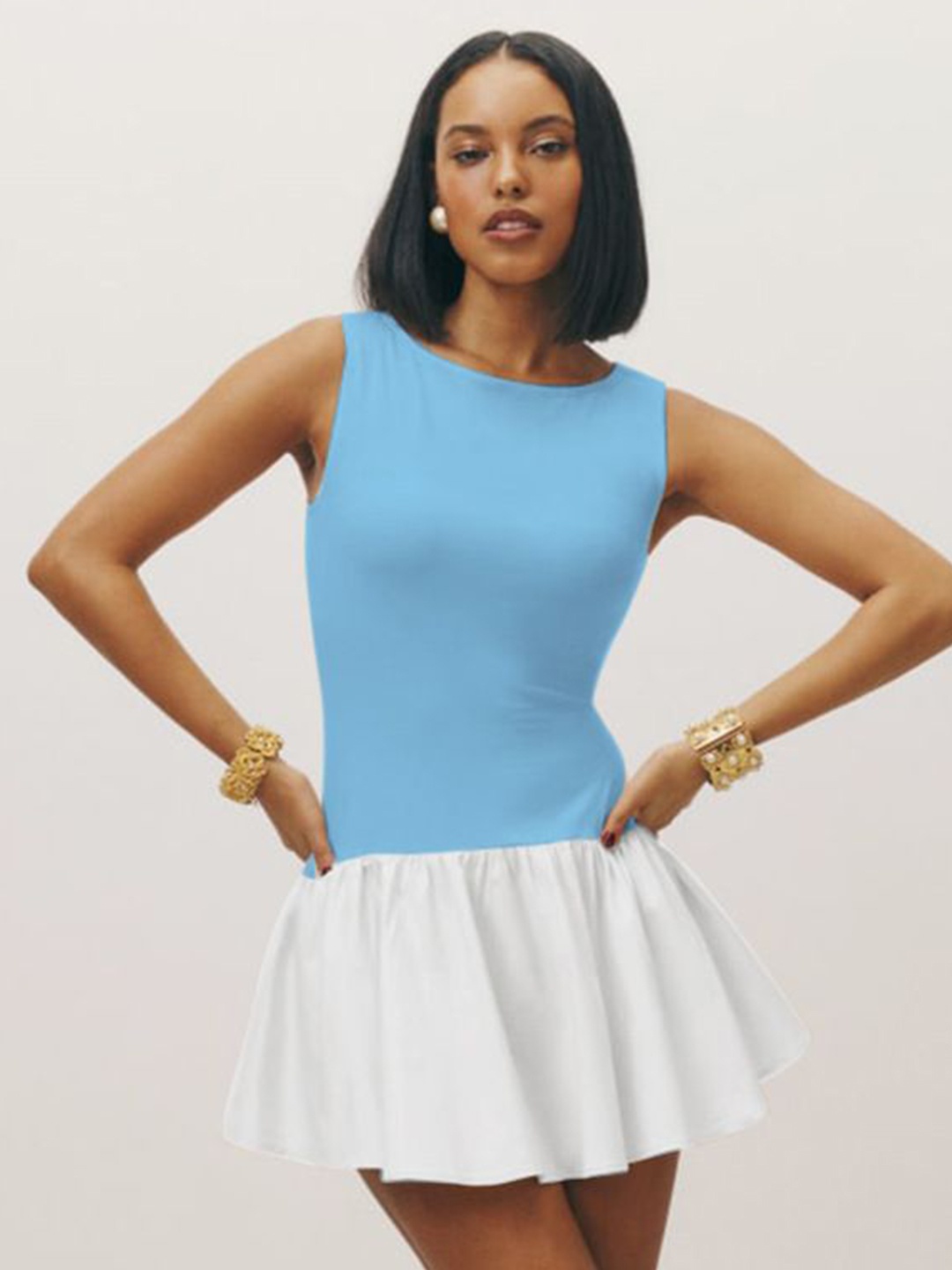 

MIAKEE Solid A-Line Mini Dress, Blue