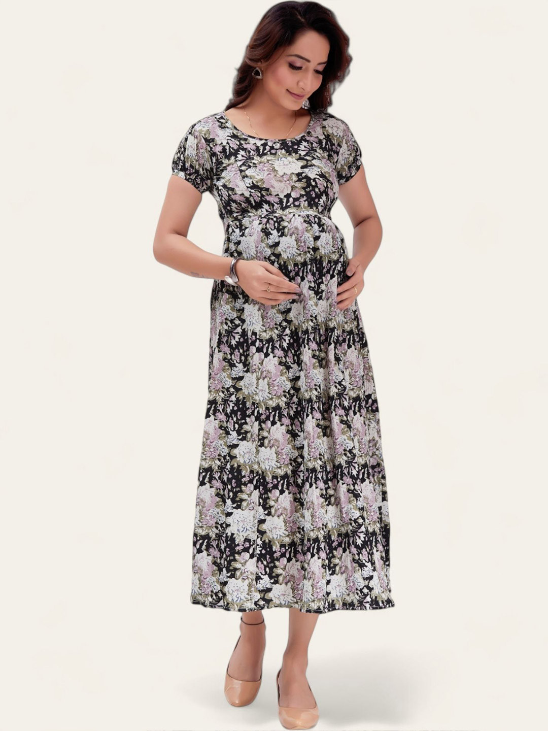 

RITIJYA Women Floral Printed Maternity Fit & Flare Midi Dress, Black