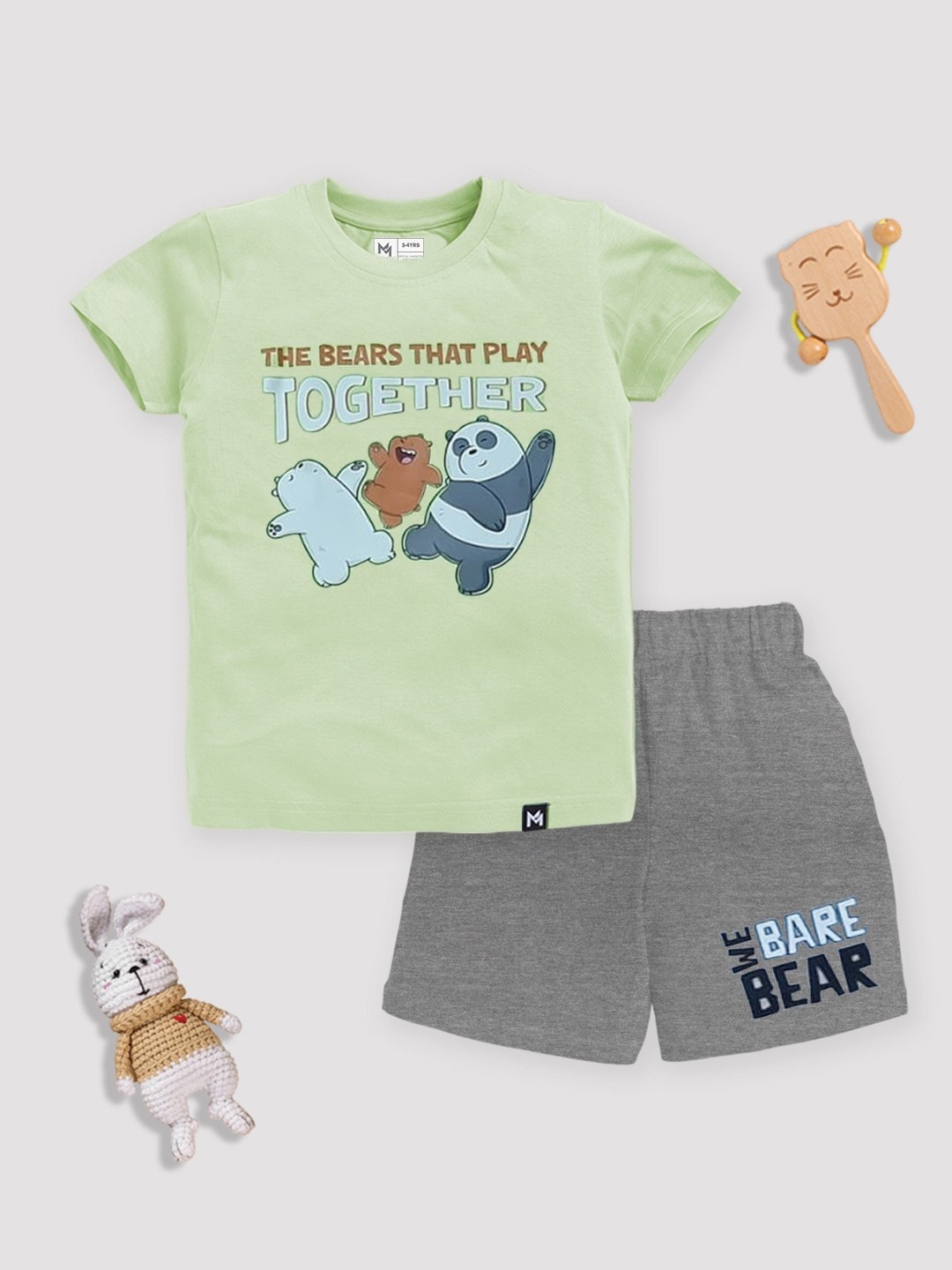

YK X Minute Mirth Infants Boys We Bare Bear Printed T-shirt with Shorts, Green