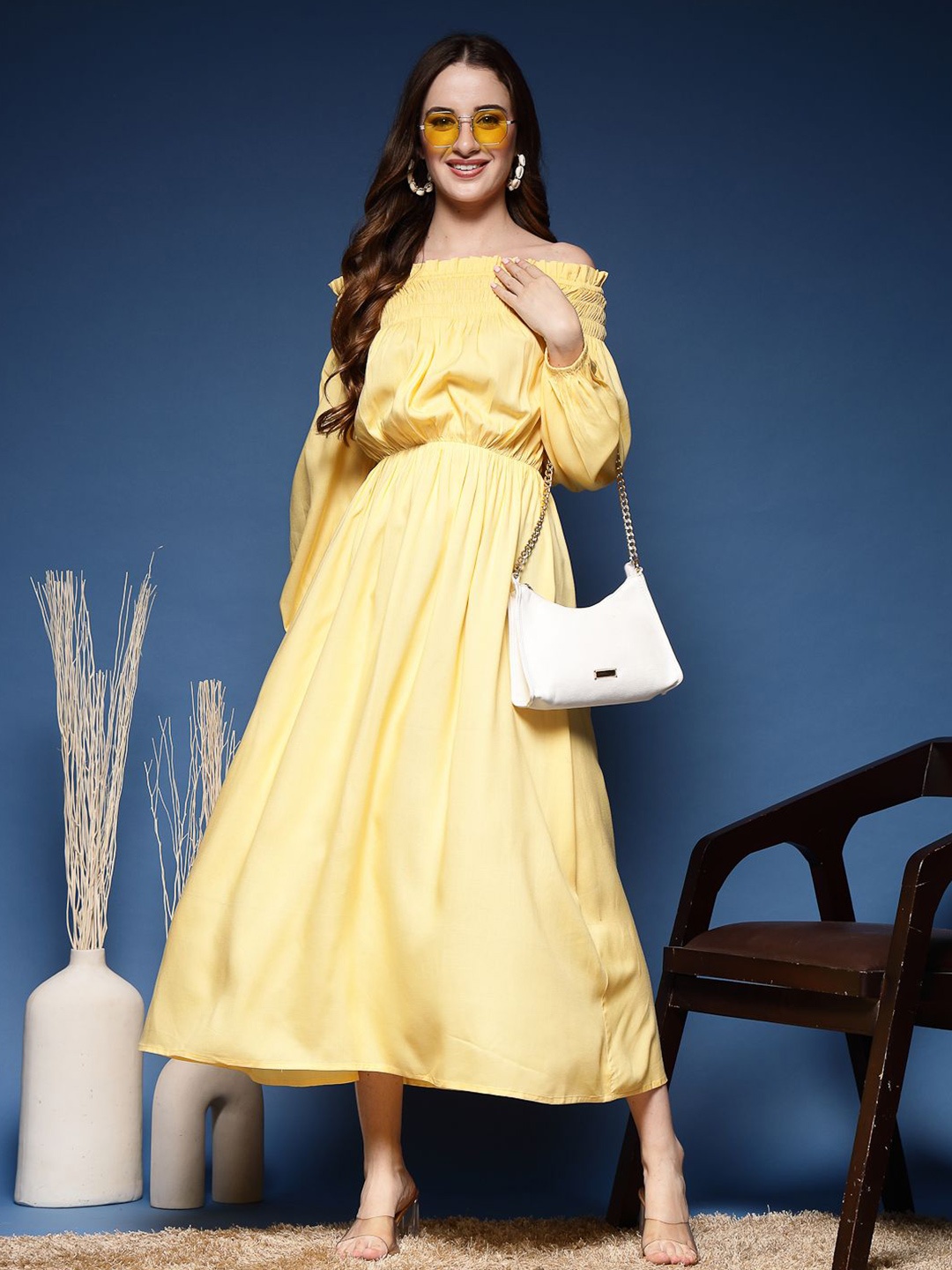 

DAEVISH Women Off-Shoulder Puff Sleeve Fit & Flare Maxi Dress, Lime green