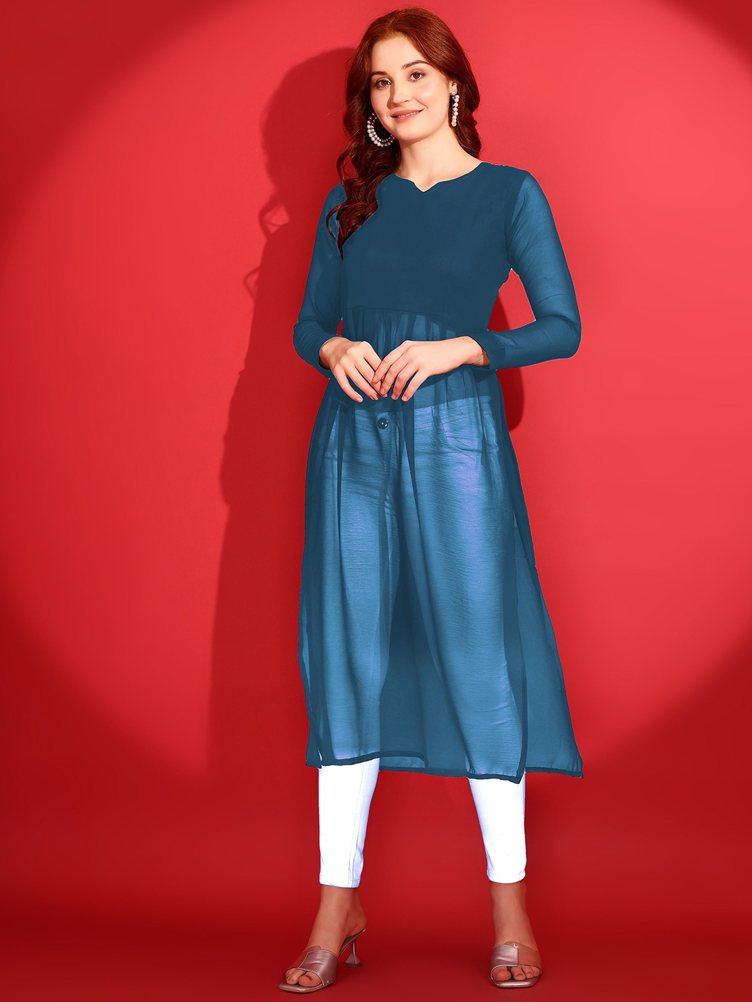 

Trillmixa Women Straight Calf Length Kurtas, Turquoise blue