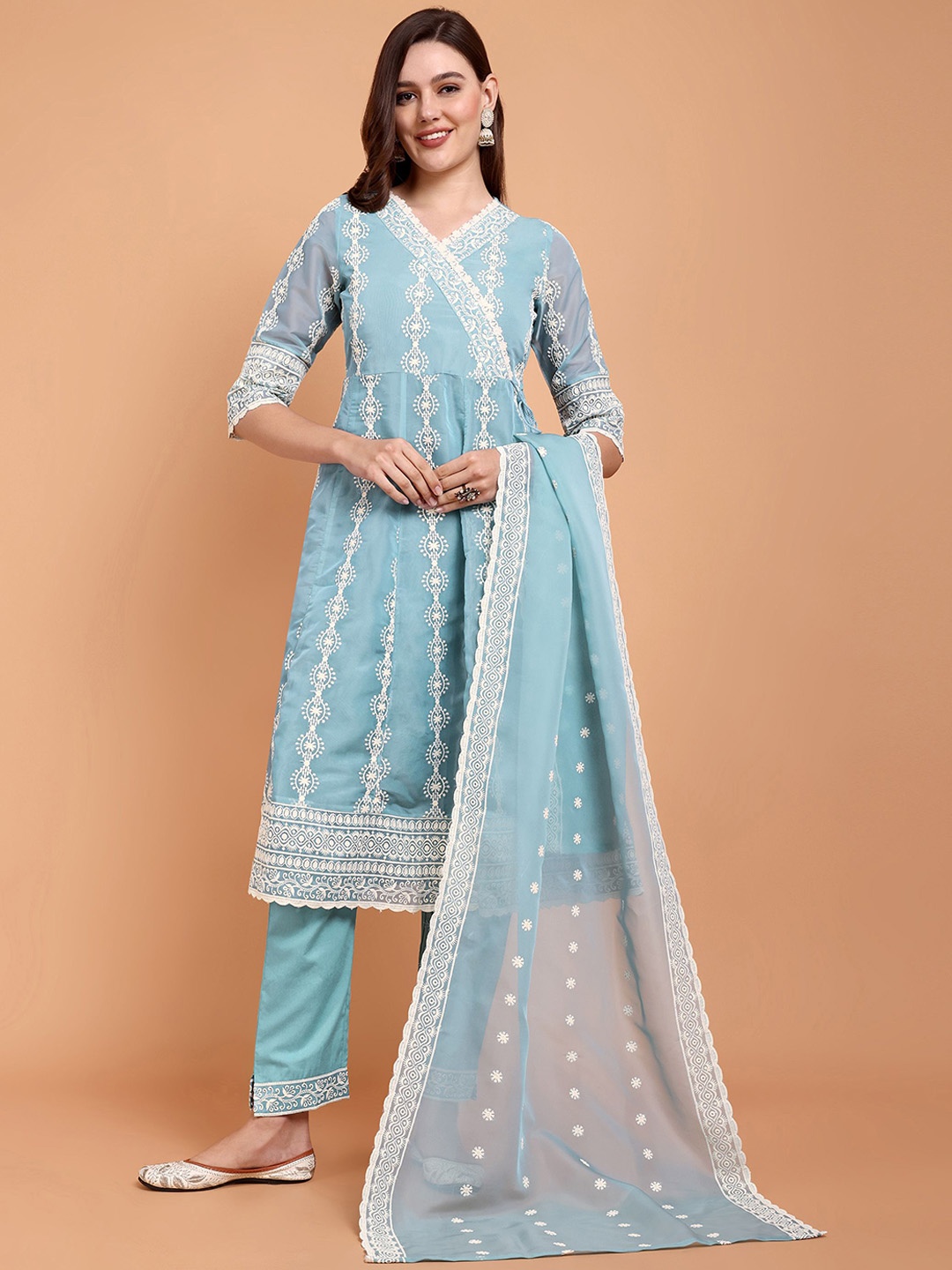 

Atha Fashion Floral Embroidered Thread Work Angrakha Organza Kurta With Trousers & Dupatta, Blue