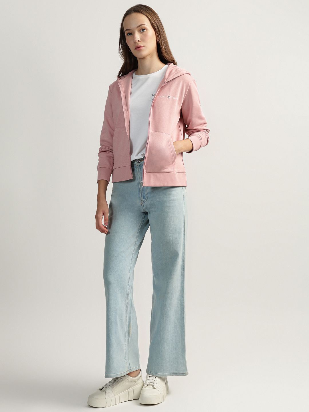 

GANT Women Solid Hooded Cotton Front-Open Sweatshirt, Pink