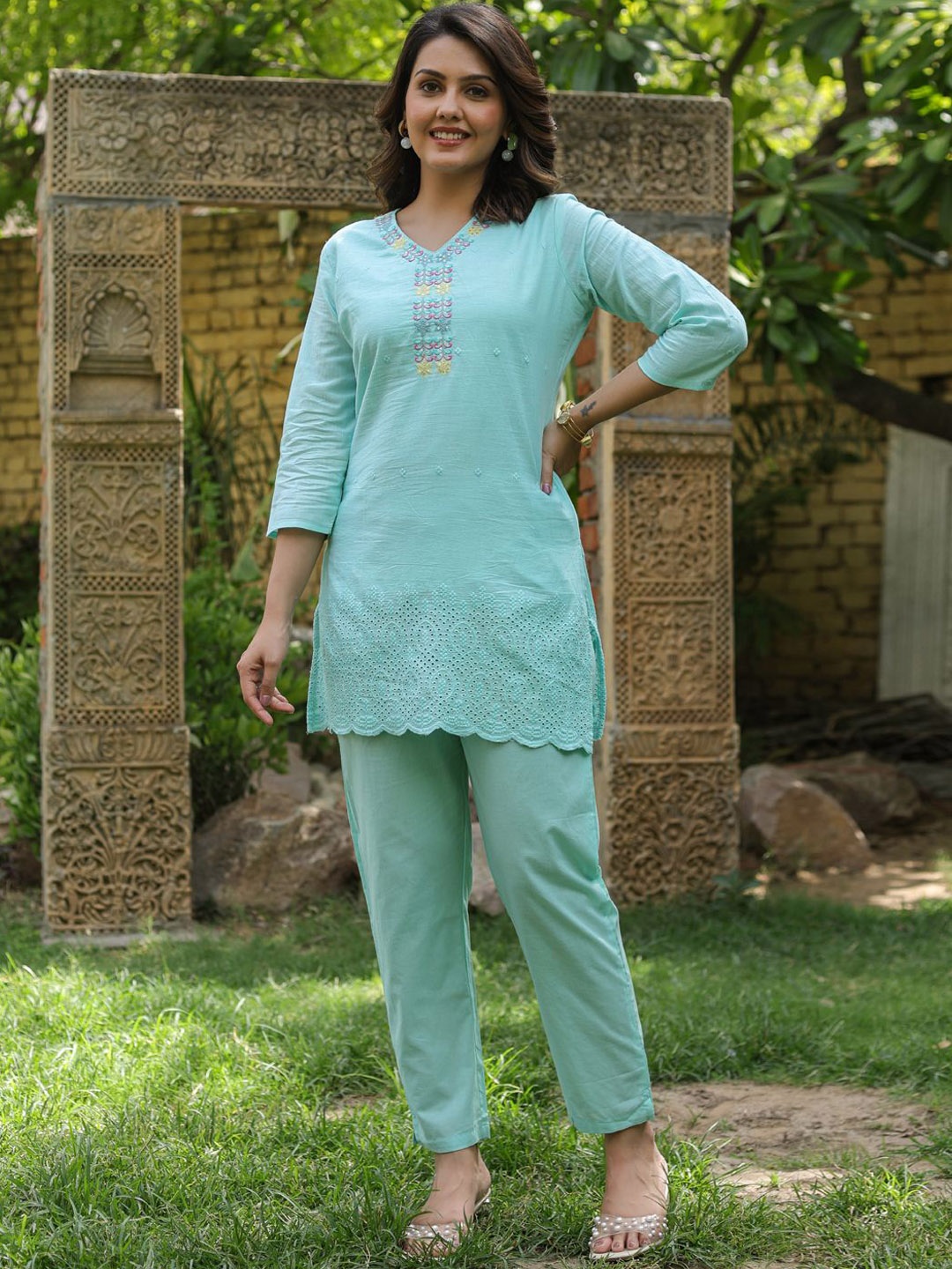 

Readiprint Fashions Embroidered Pure Cotton Tunic & Trouser, Turquoise blue