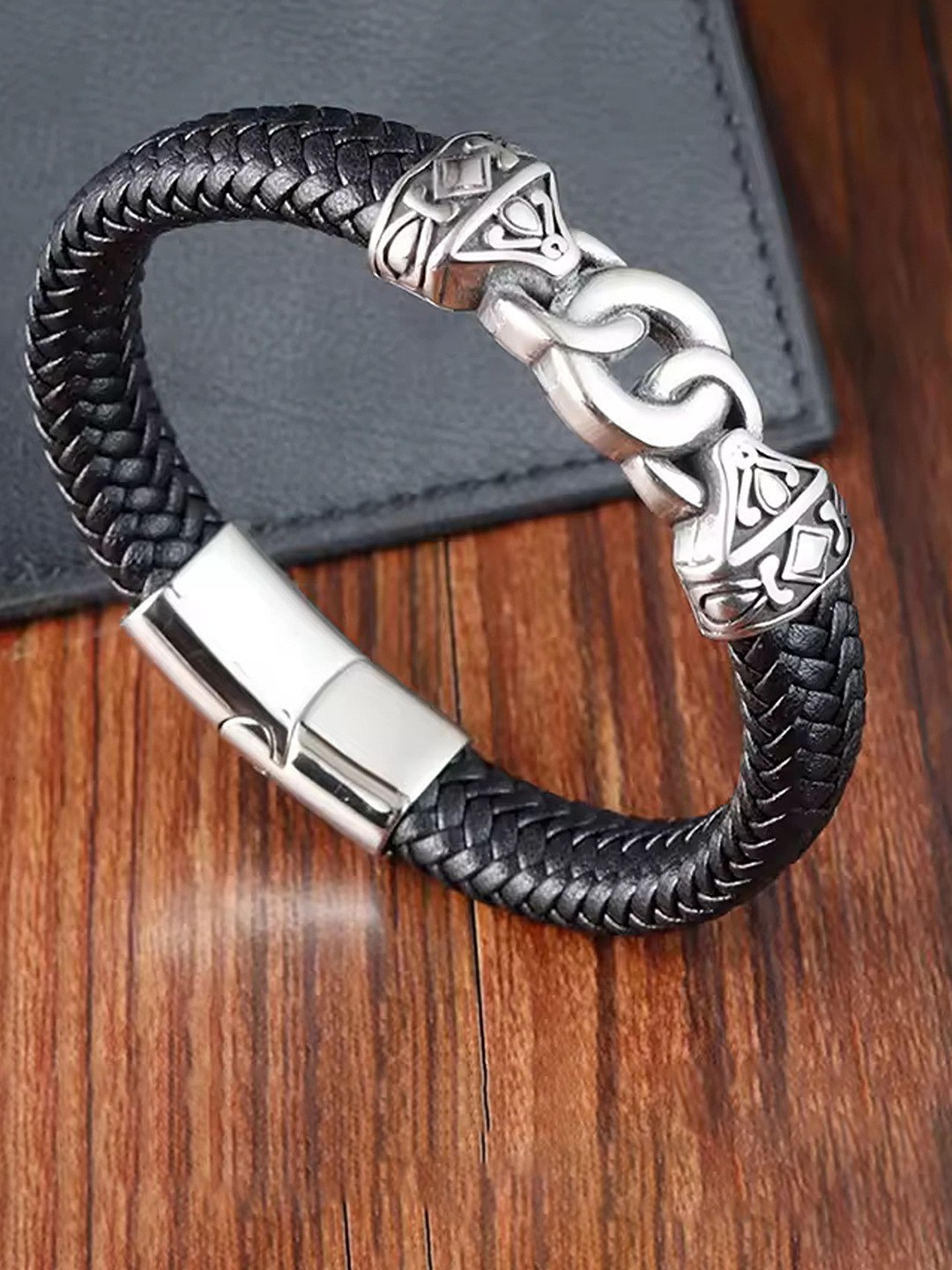 

Heer Collection Men Stainless Steel Leather Wraparound Bracelet, Silver