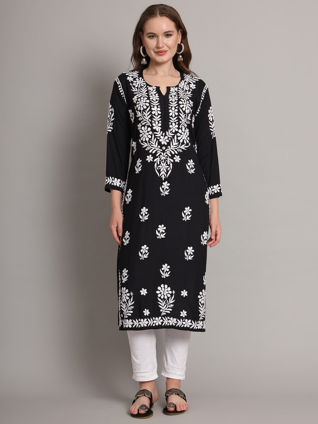 

The Chikan Label Floral Embroidered Notch Neck Modal Chikankari Straight Kurta, Black