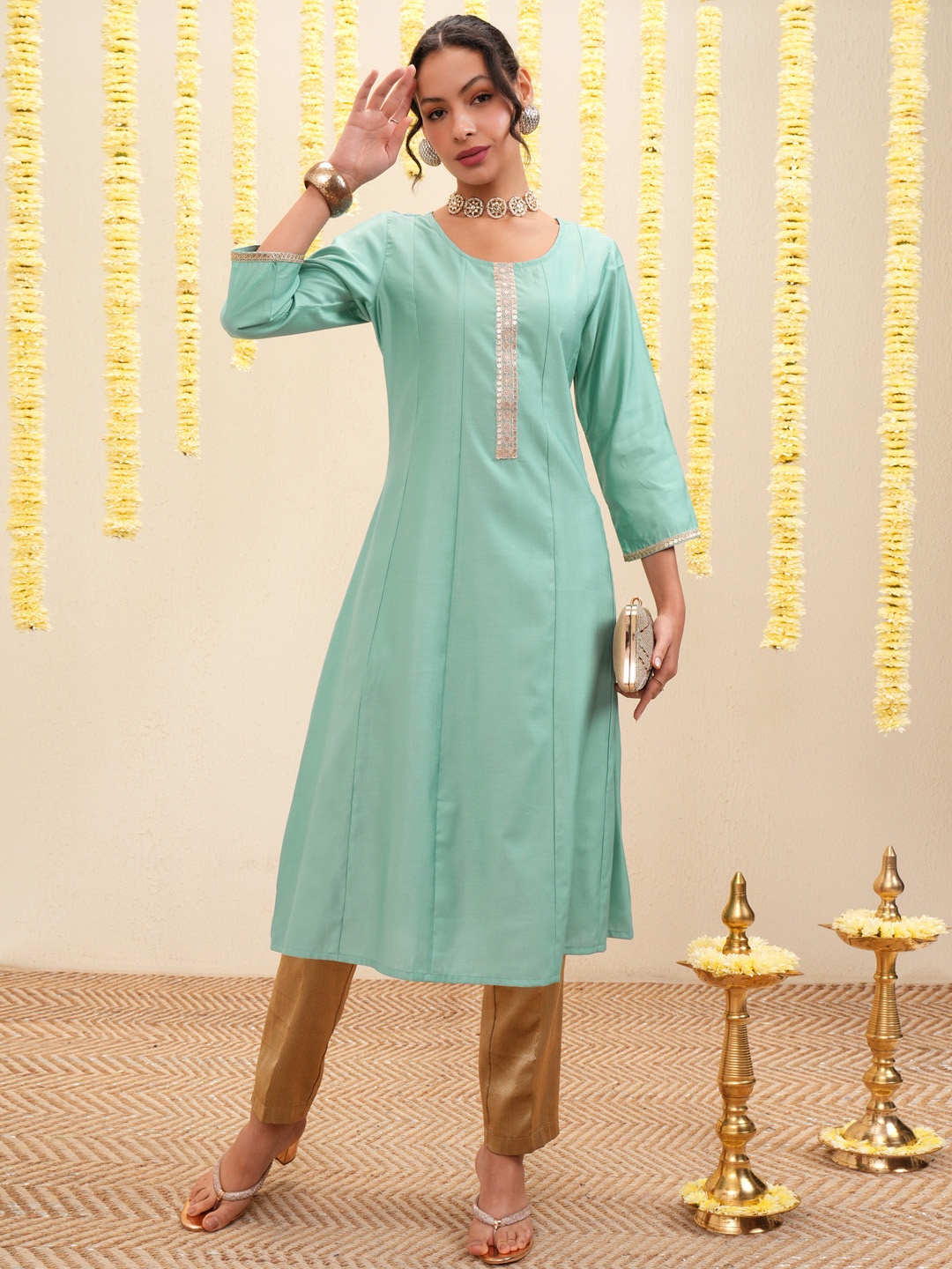 

Vishudh Round Neck Gotta Patti A-Line Kurta, Turquoise blue