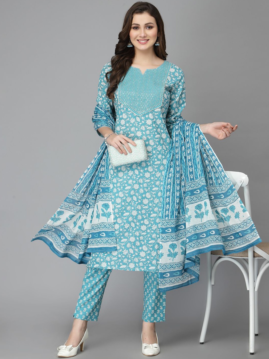 

His&Her Floral Printed Sequinned Pure Cotton Kurta with Trousers & Dupatta, Blue