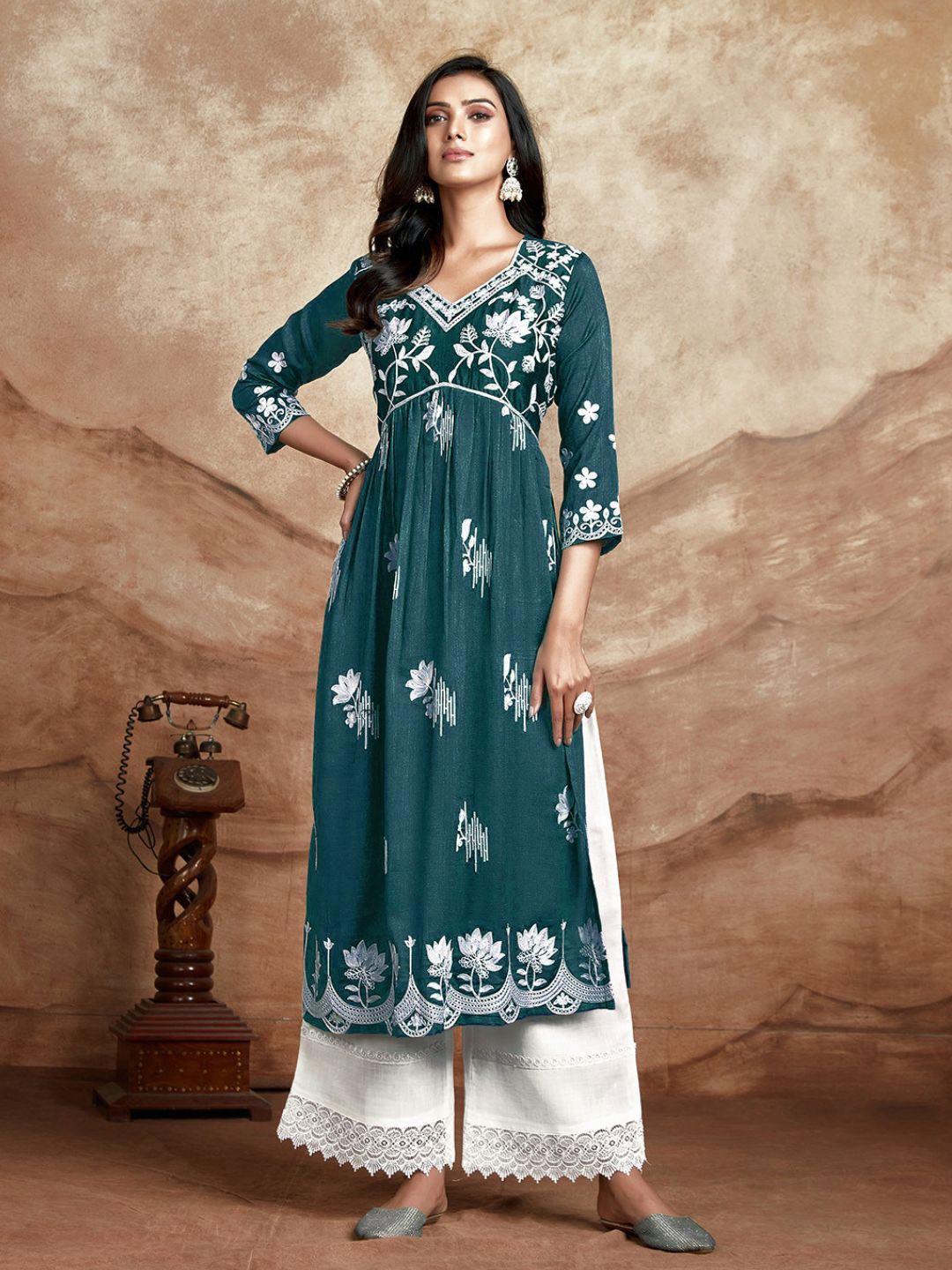 

KALINI Floral Embroidered V-Neck Thread Work Silk High Slit Kurta, Teal