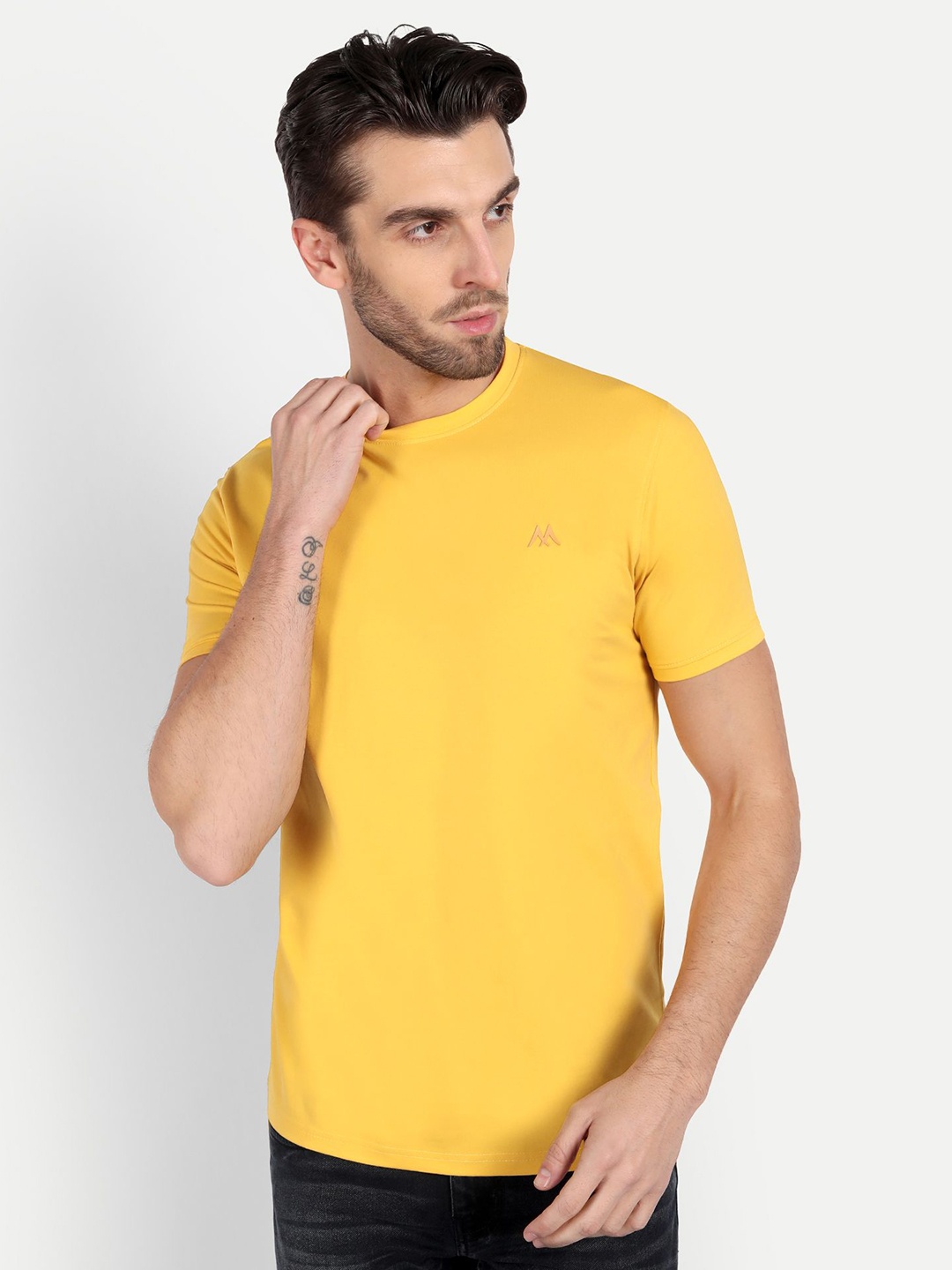 

MEGHZ Men Solid Round Neck Cotton Slim Fit T-shirt, Yellow