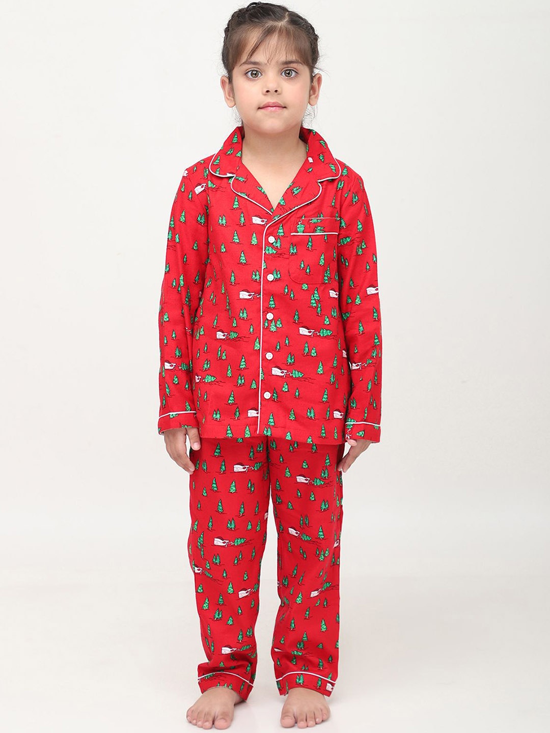 

Biglilpeople Kids Conversational Printed Lapel Collar Night Suit, Red