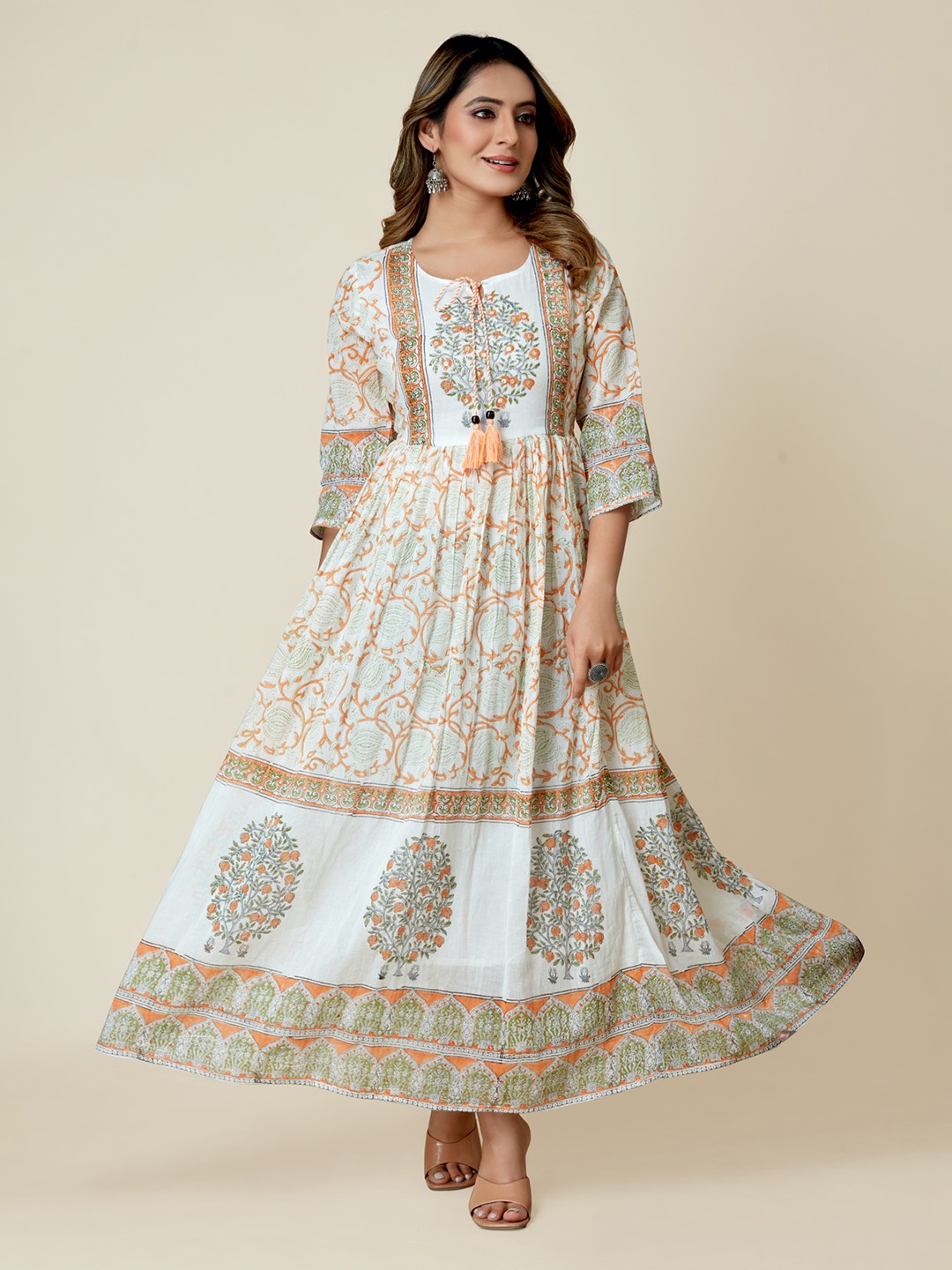 

SARRAS Ethnic Motifs Printed Tie-Up Neck Cotton Anarkali Kurta, White