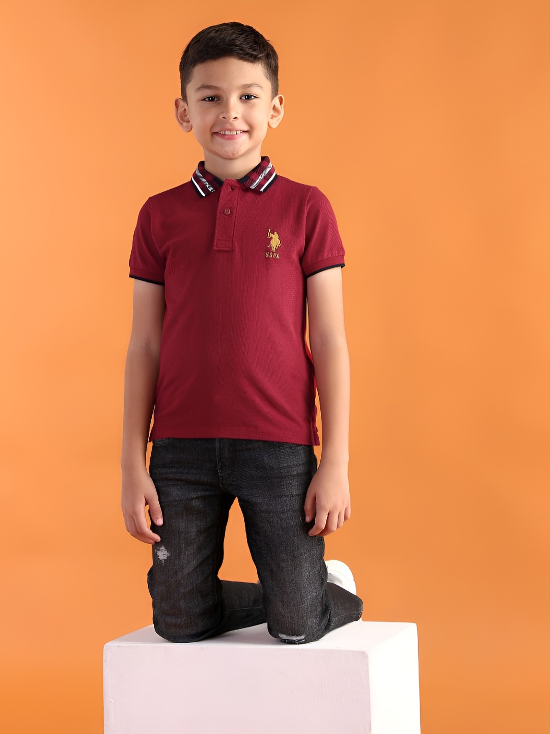 

U.S. Polo Assn. Kids Boys Brand Logo Polo Collar Cotton T-shirt, Maroon