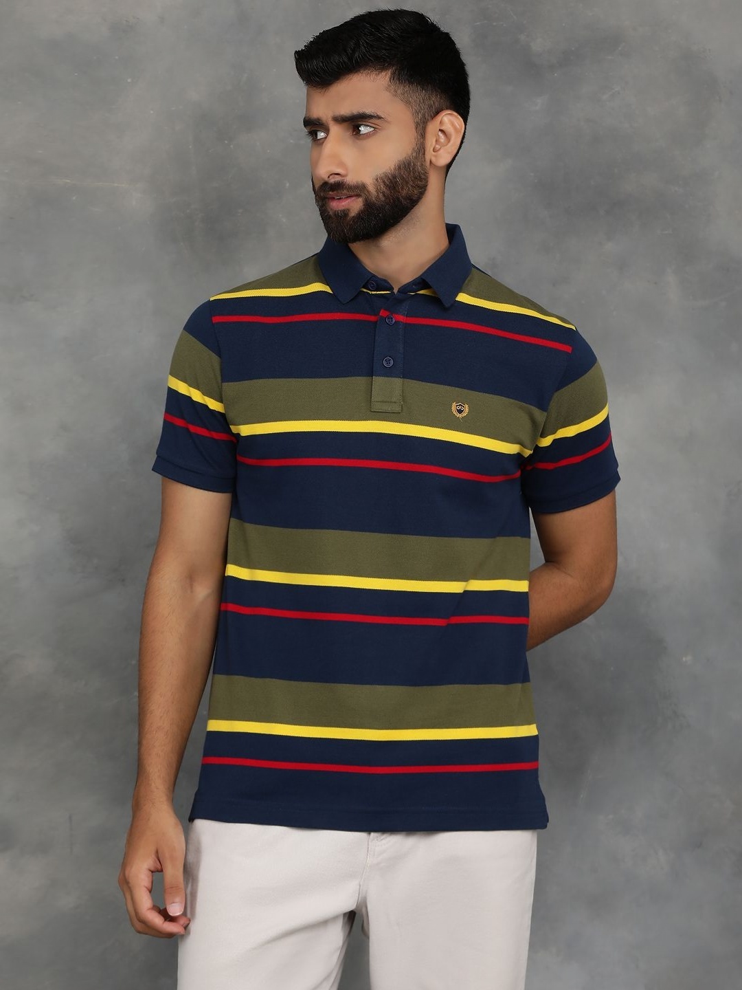 

JADE BLUE Men Striped Polo Collar Cotton Slim Fit T-shirt, Navy blue