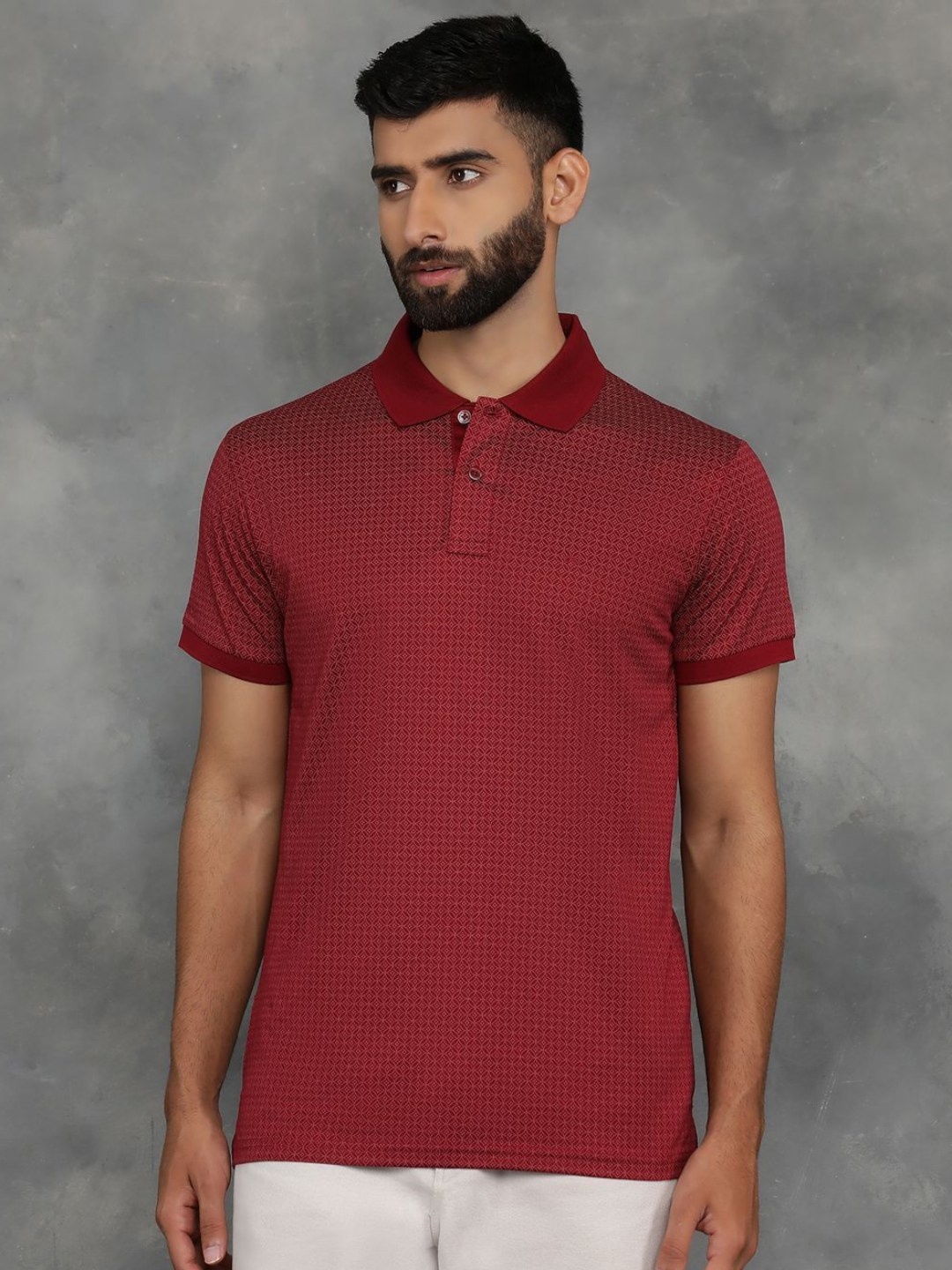 

JADE BLUE Men Geometric Printed Polo Collar Cotton T-shirt, Maroon