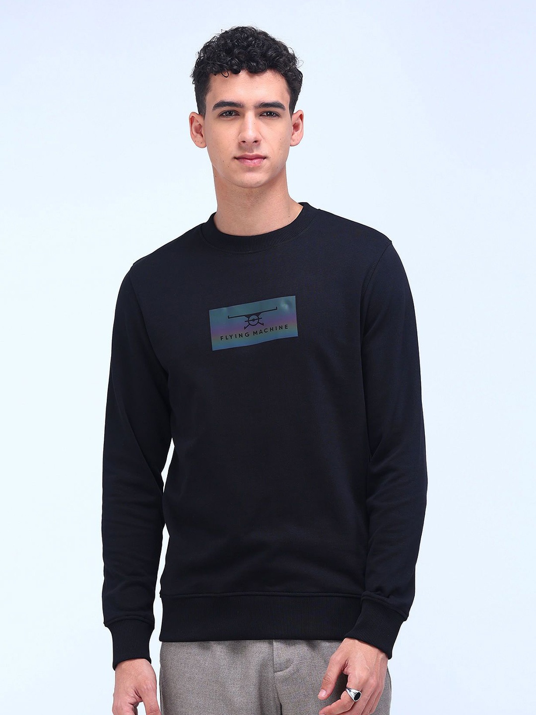 

Flying Machine Men Brand Logo Printed Round Neck Cotton Pullover Sweatshirt, Black