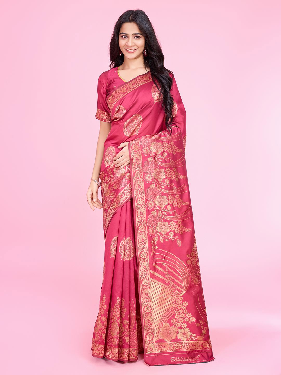 

RICH & ROMAN Women Woven Design Zari Pure Silk Banarasi Saree, Pink