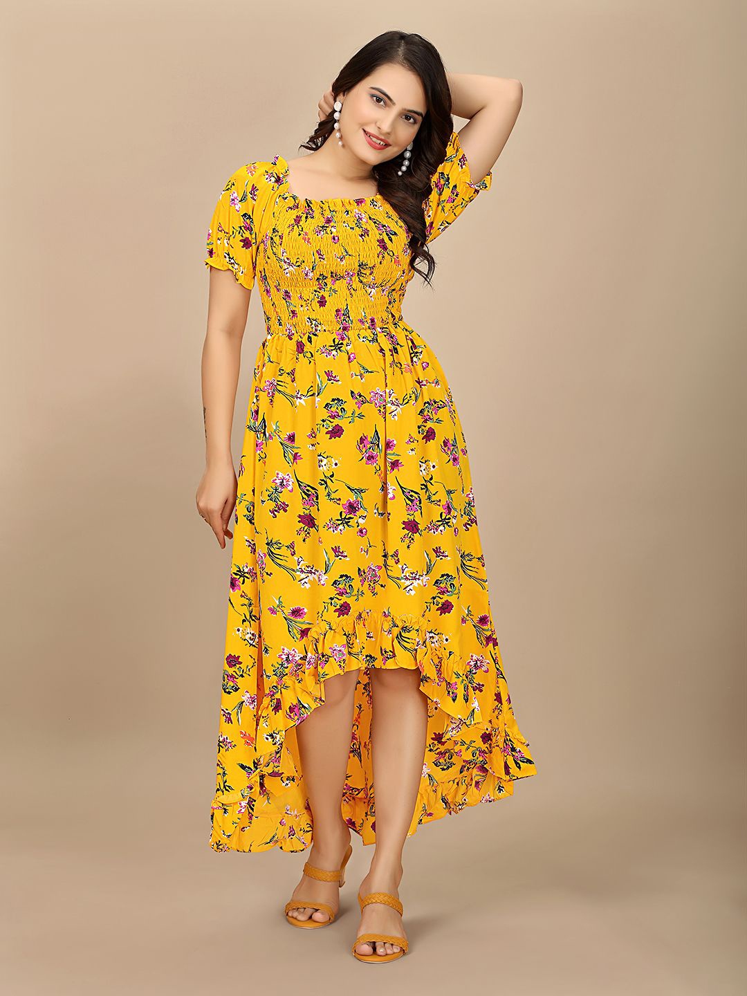

BAESD Floral Print cuffed Sleeve Crepe Maxi Dress, Yellow