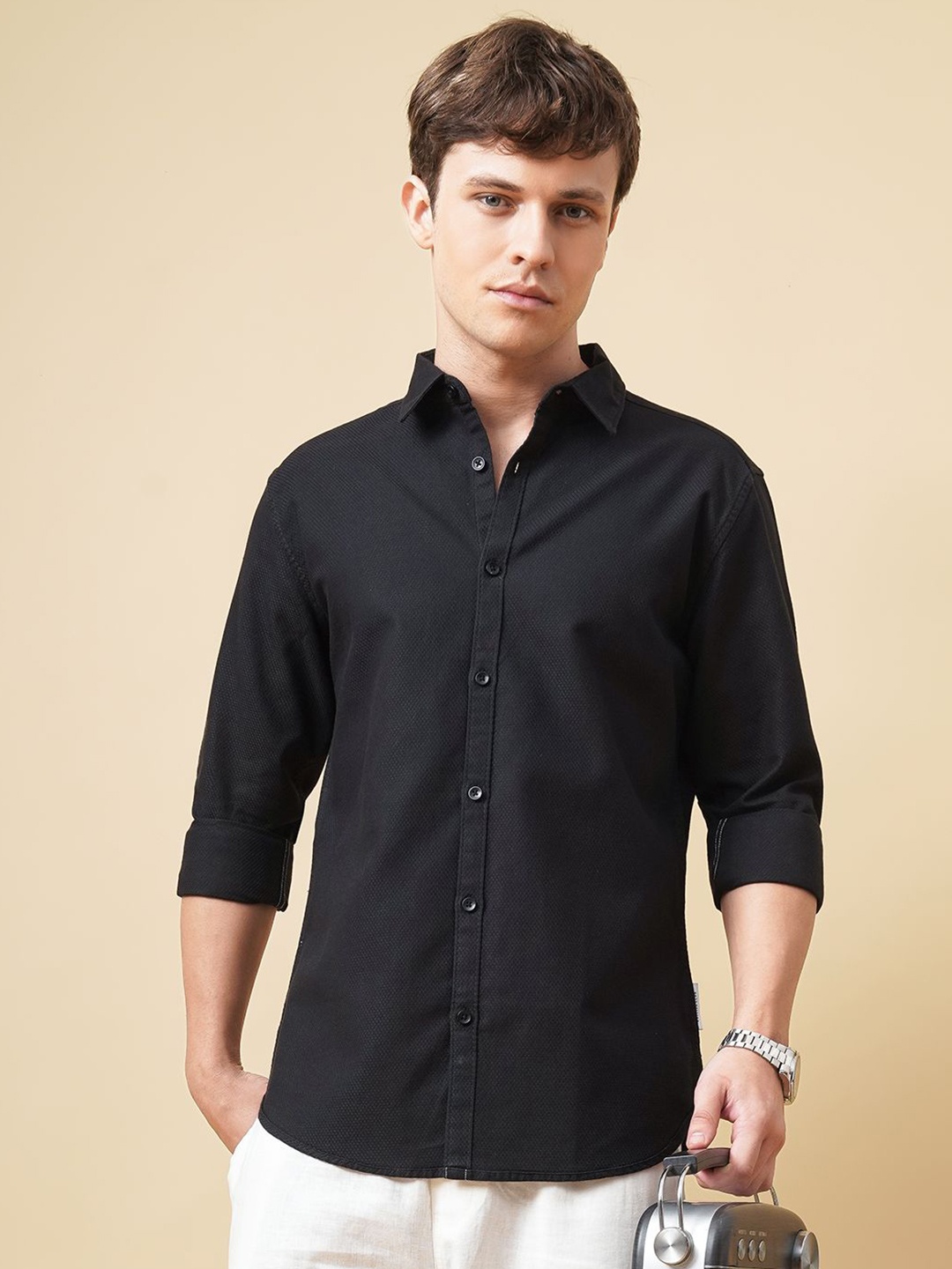 

British Club Men Standard Spread Collar Solid Cotton Slim Fit Casual Shirt, Black