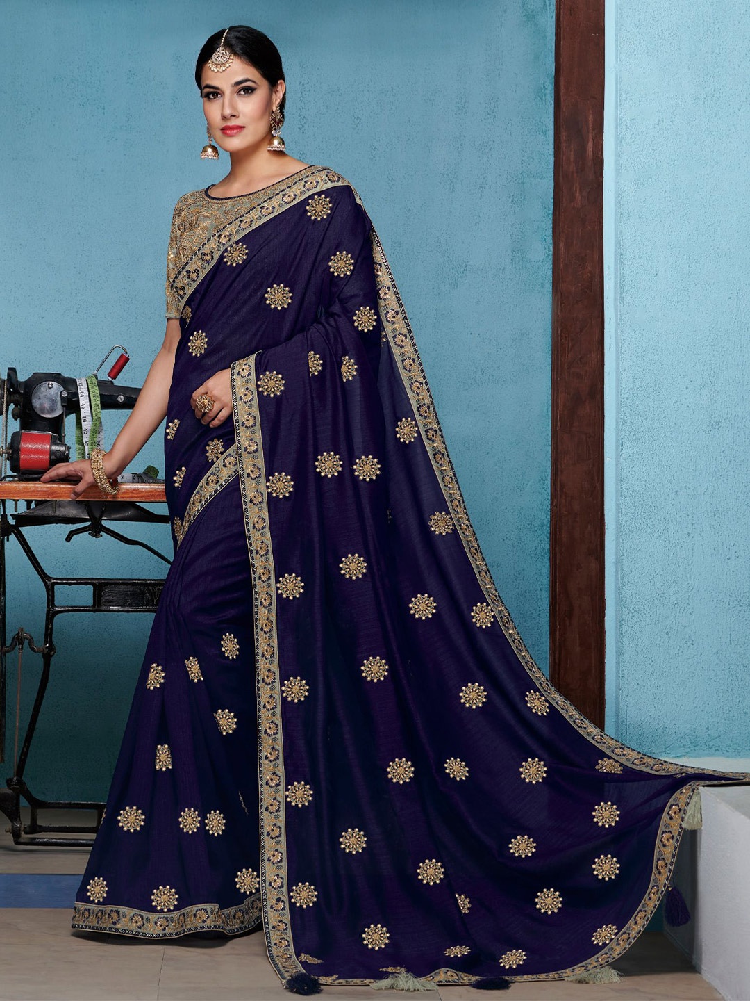 

Laxmipati Embellished Saree With Blouse Piece, Navy blue