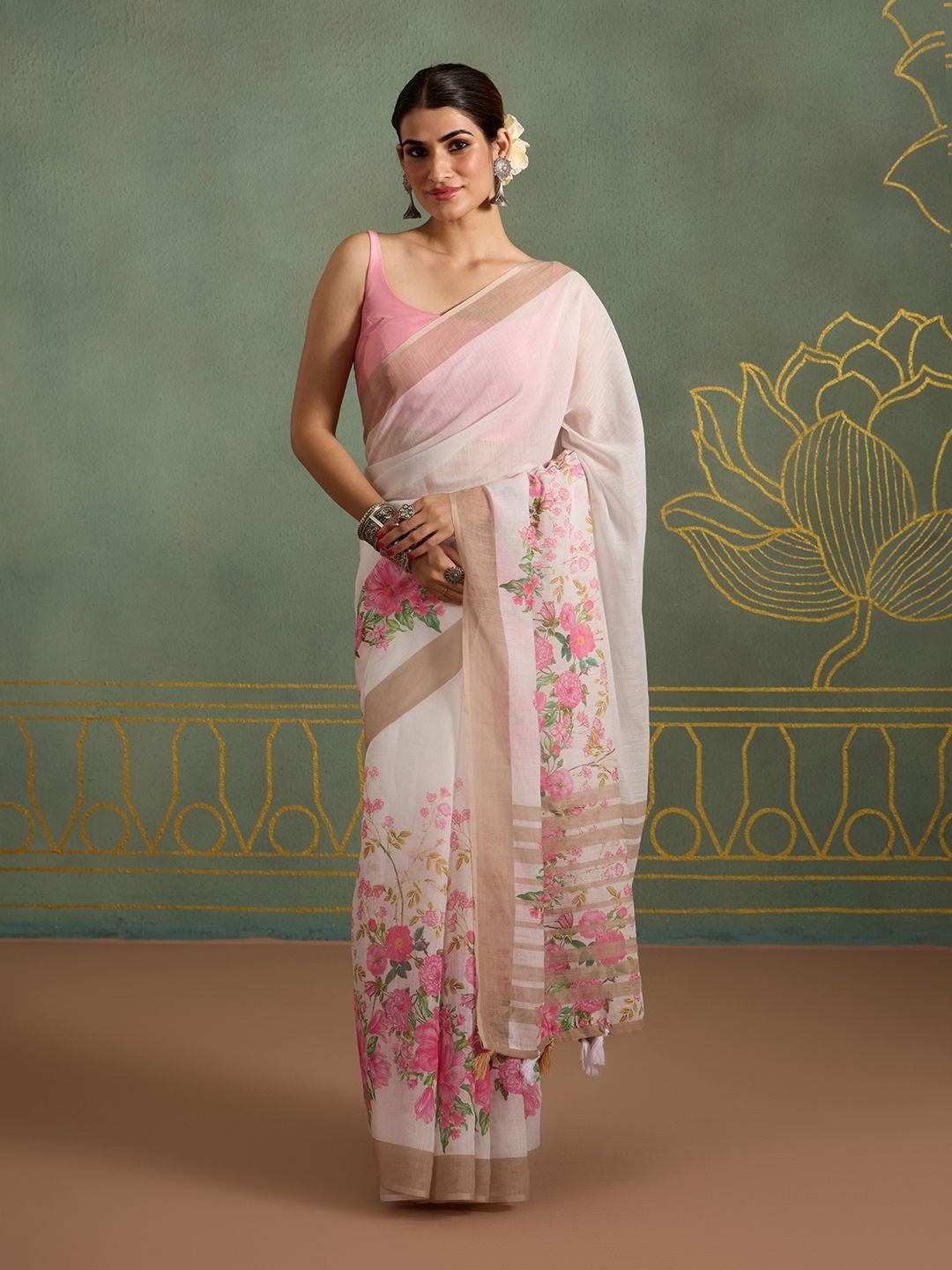 

Likha Floral Printed Zari Pure Linen Saree, White