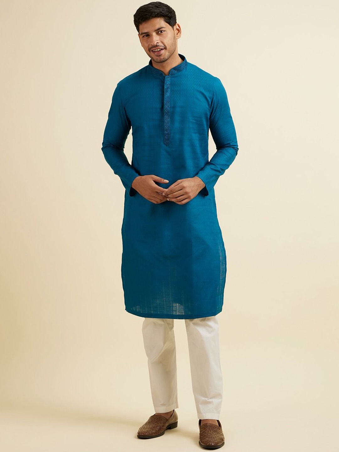 

Manyavar Woven Design Regular Thread Work Kurta With Pyjama, Blue