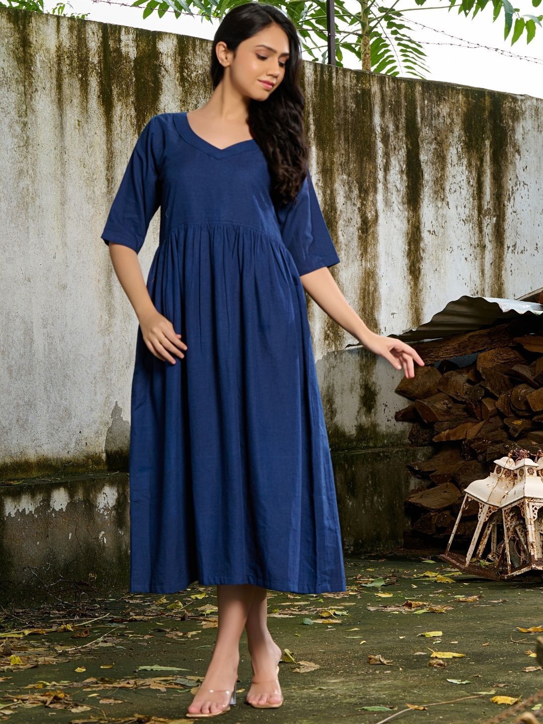

HOUSE OF JAMOTI Solid Linen Fit & Flare Midi Dress, Blue