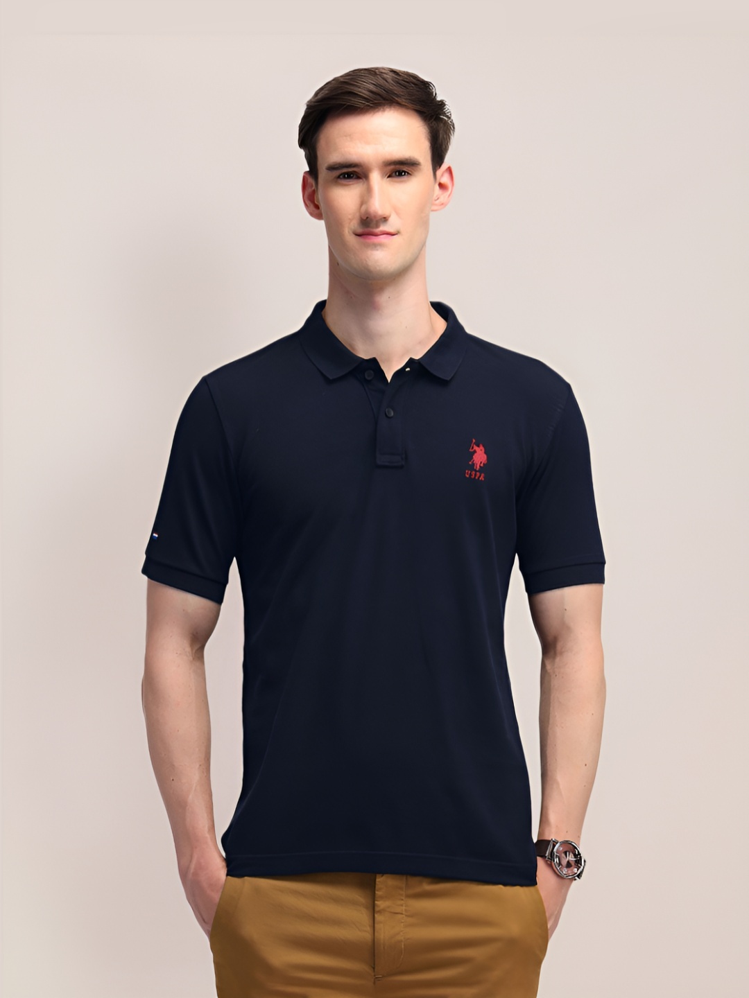 

U.S. Polo Assn. Men Brand Logo Polo Collar Slim Fit Pure Cotton T-shirt, Navy blue