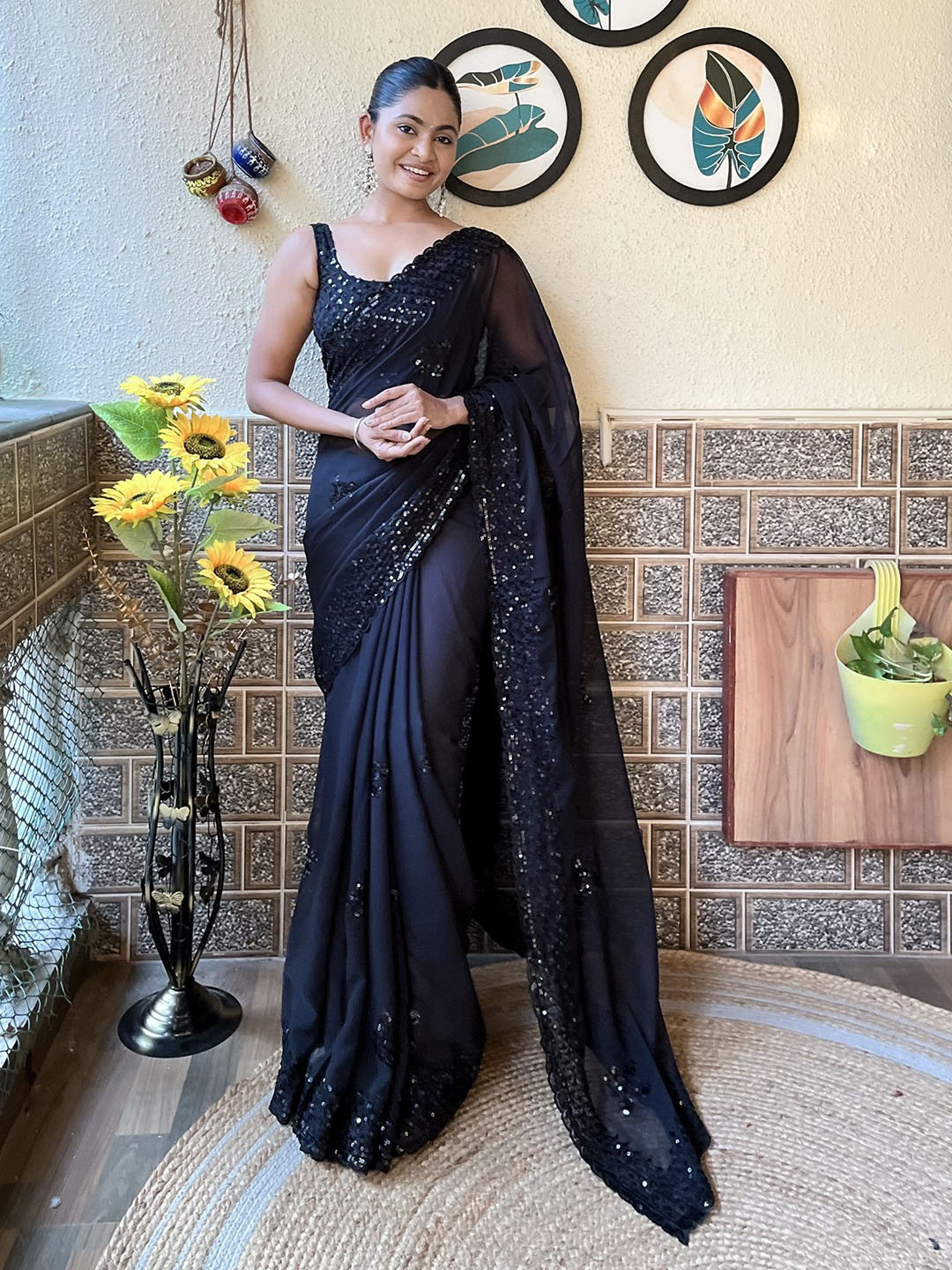 

LeeliPeeri Designer Embellished Embroidered Pure Georgette Saree with Matching Blouse, Black