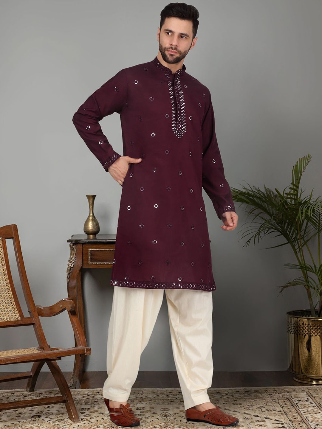 

KRAFT INDIA LUXE Ethnic Motifs Embroidered Mirror Work Cotton Silk Kurta With Salwar, Purple