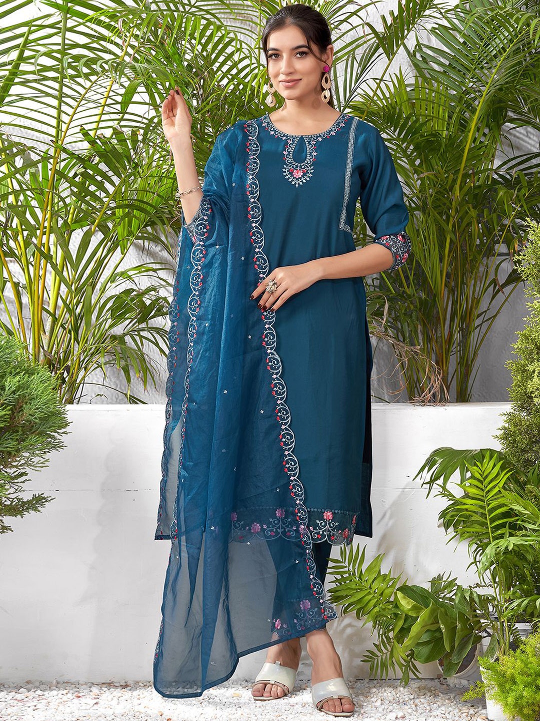 

KALINI Floral Embroidered Sequinned Kurta with Trousers & Dupatta, Blue