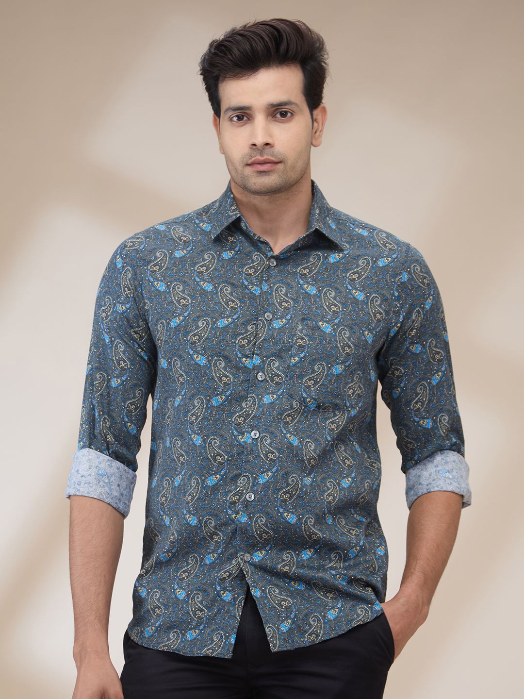 

ColorPlus Men Spread Collar Floral Printed Cotton Casual Shirt, Grey